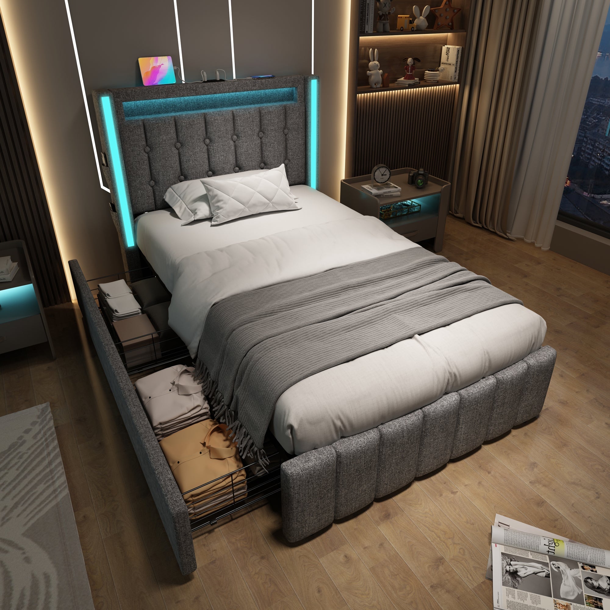 Upholstered Bed, USB-C, LED, 2 Drawers, Grey Fabric