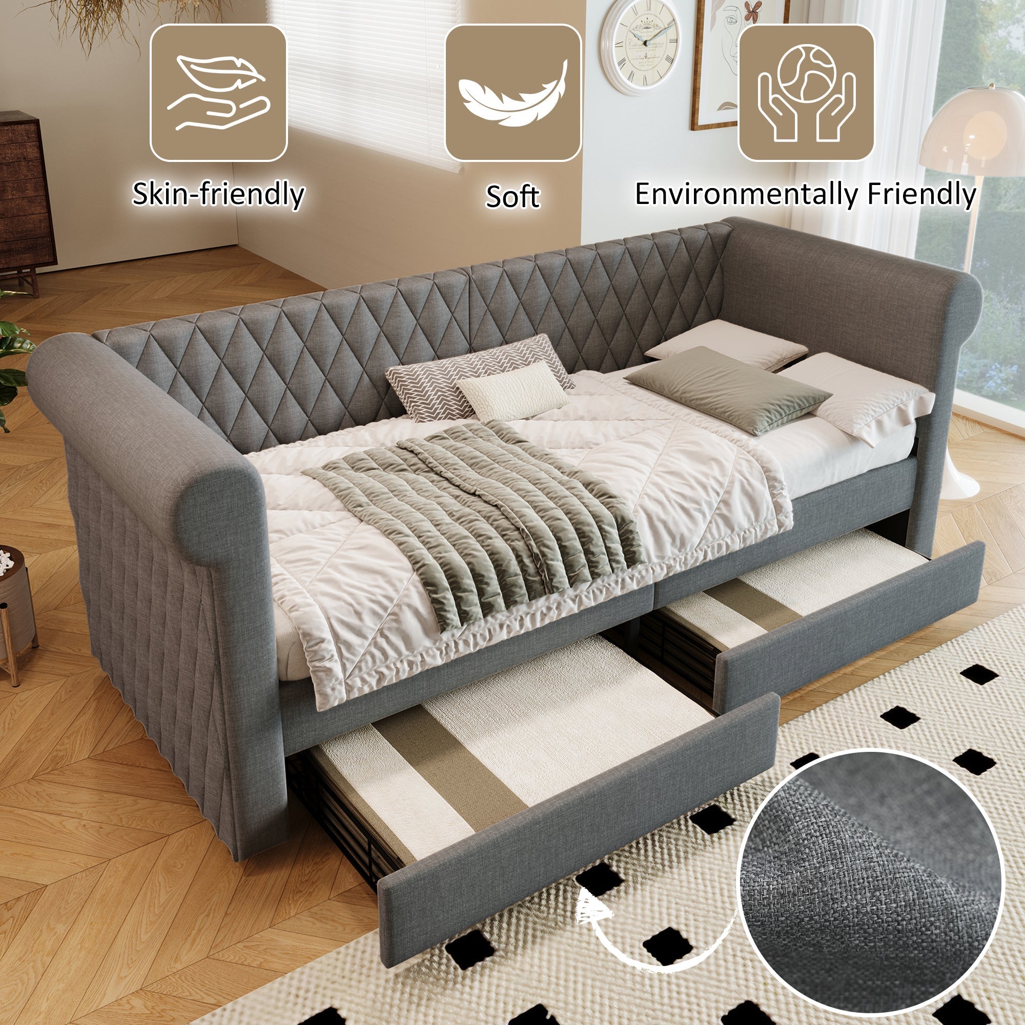 Vintage Headboard Upholstered Bed, 90x200 cm Daybed with 2 Storage Drawers, Linen Gray