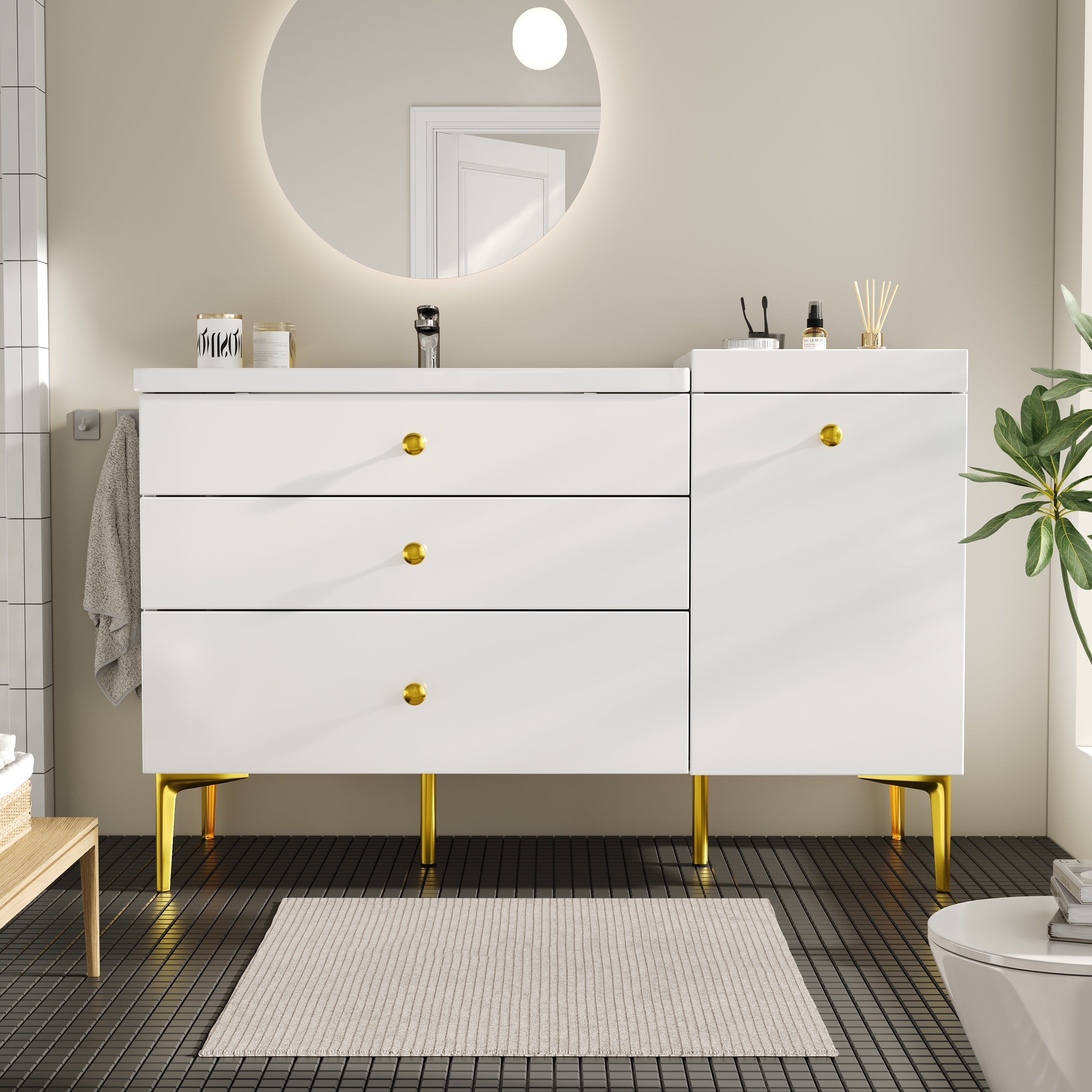 Bathroom Vanity Unit with Ceramic Sink and Storage Drawers, White and Gold