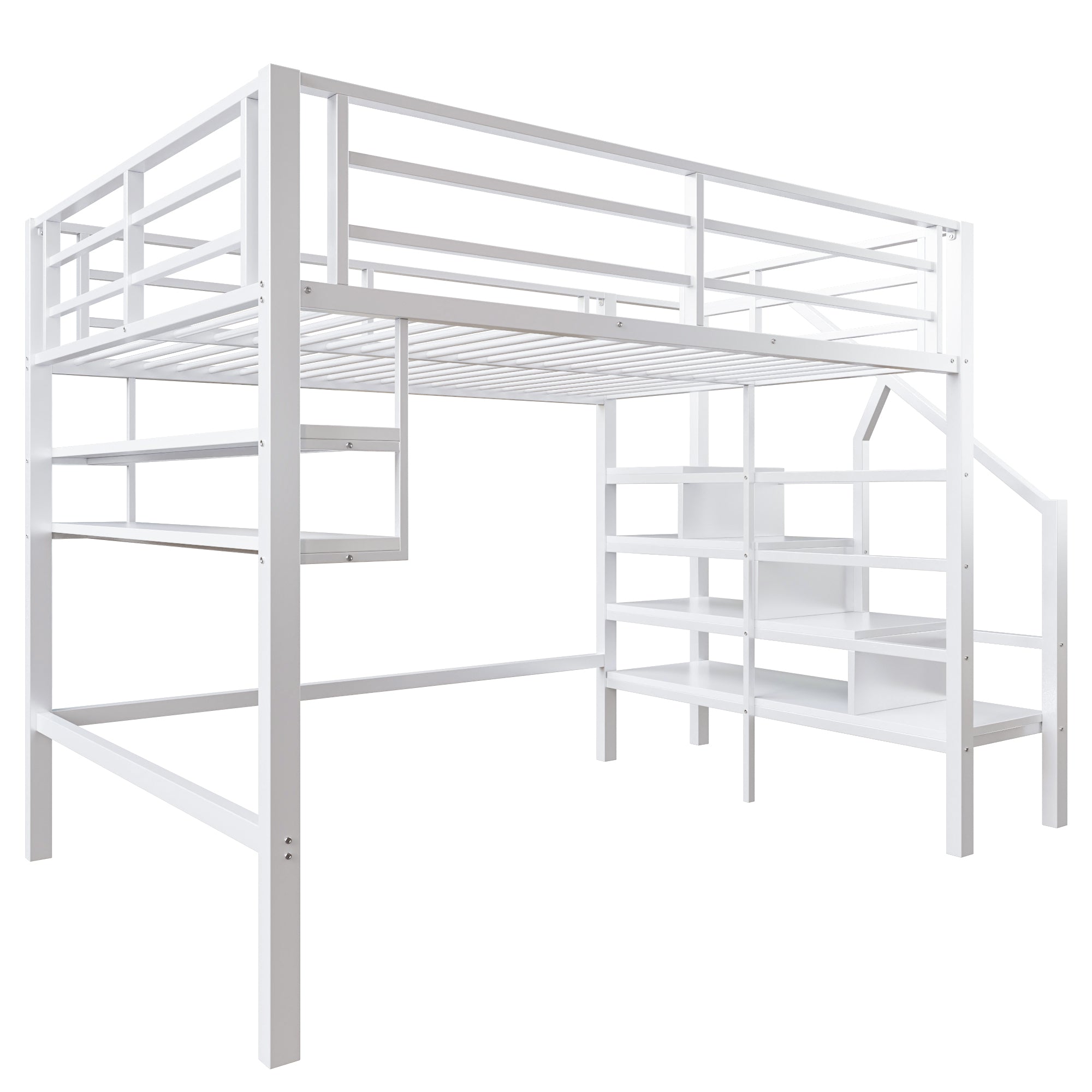 Loft Bed with Storage Ladder and Shelves, 140x200cm, White