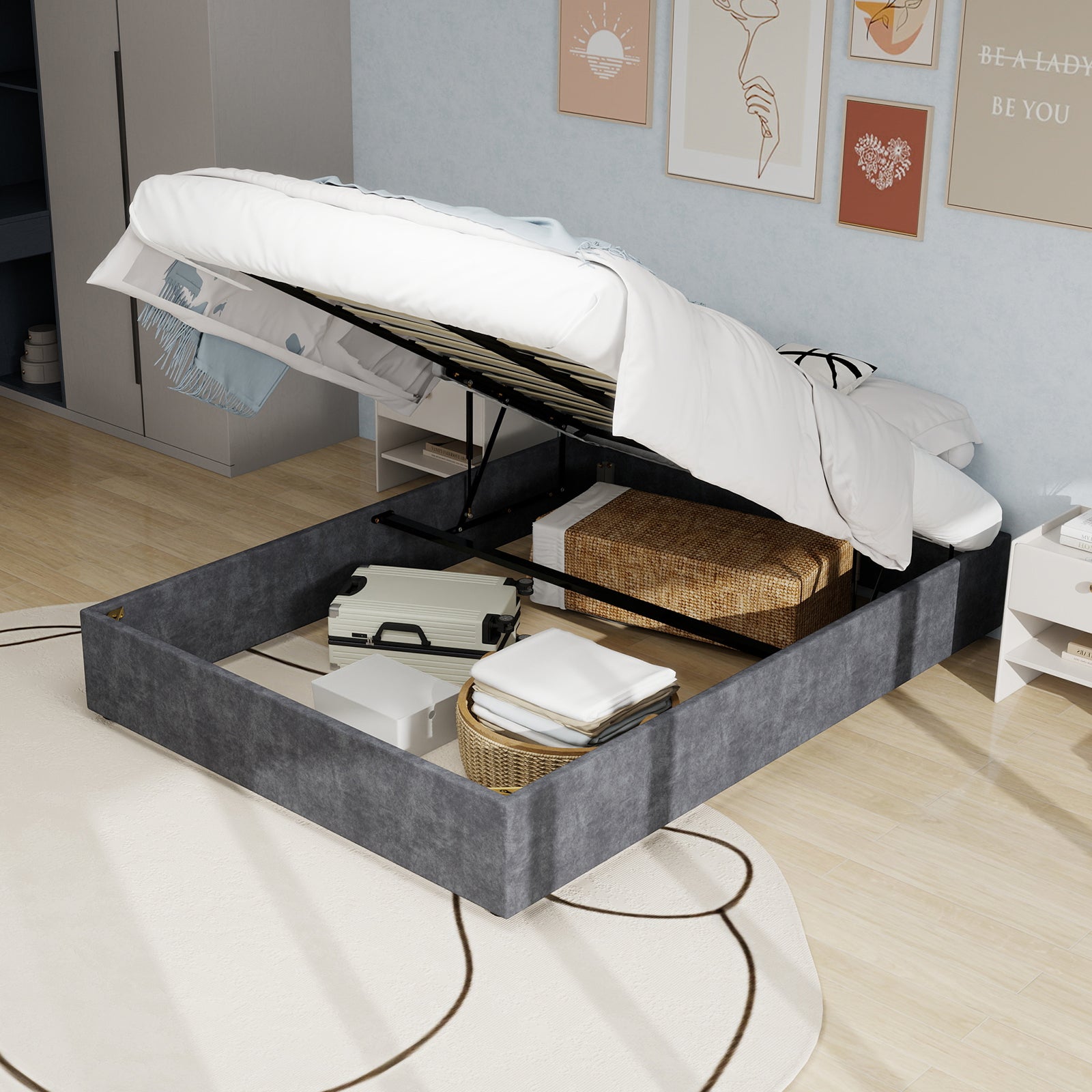 Bed Frame 160x200cm Gas Lift Storage - Dutch Velvet Grey