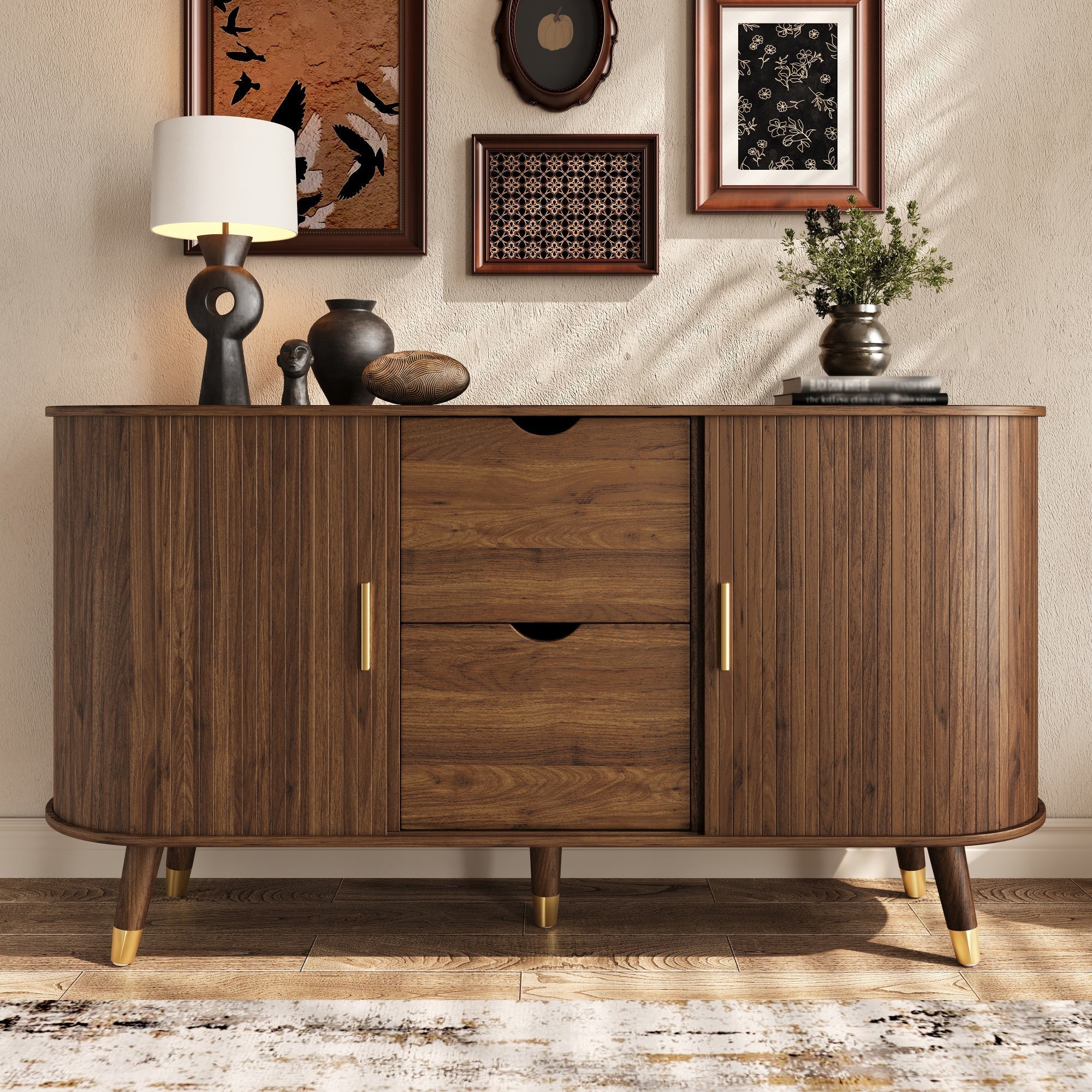 Sideboard with Sliding Doors, Drawers and Rounded Corners, Solid Wood Legs