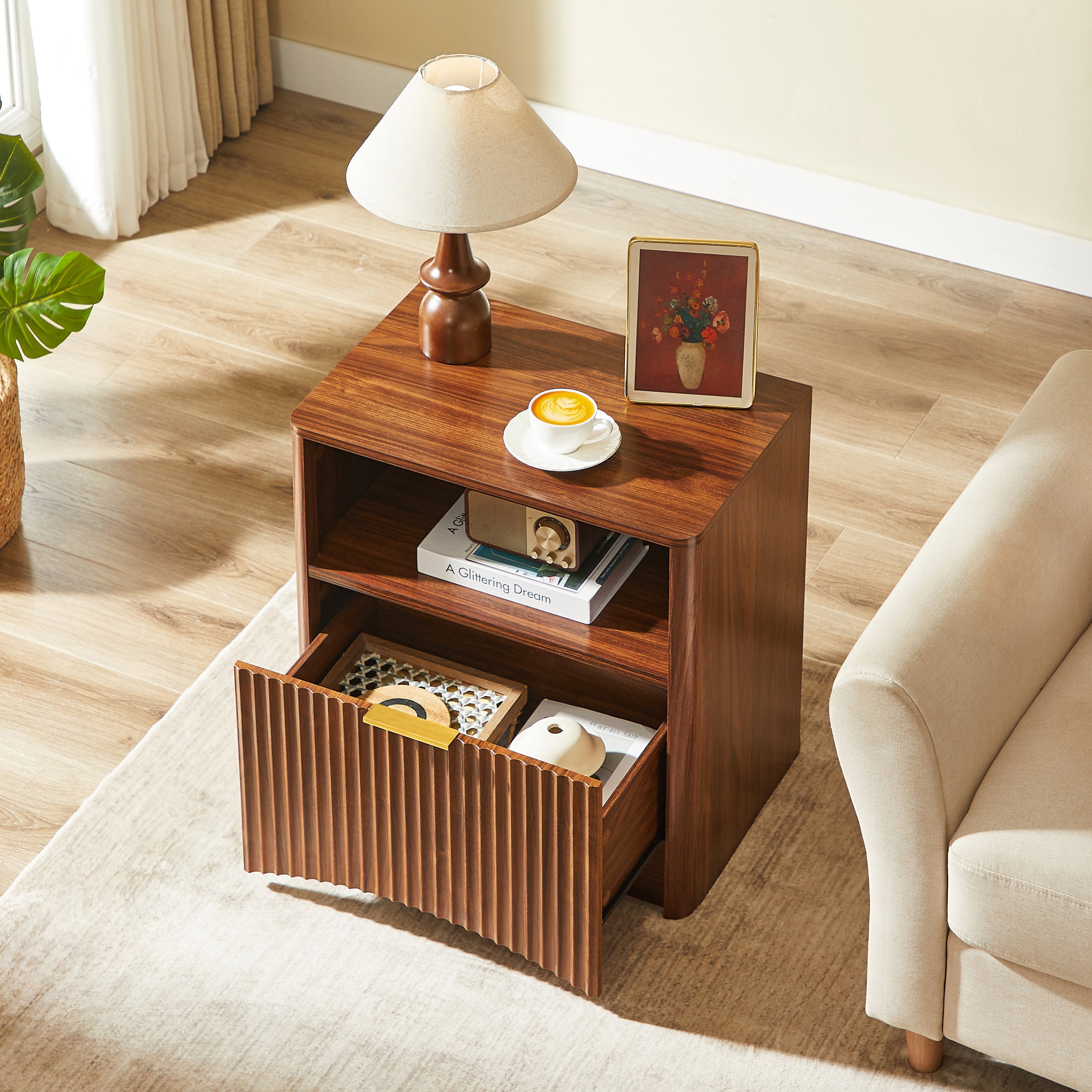 Nightstand Grooved Open Drawer Gold Handles - Walnut Look