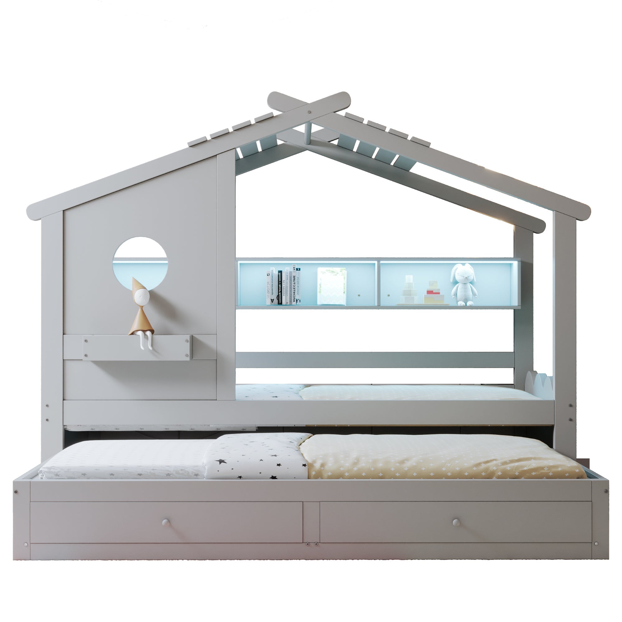 Children's Bed with Pull-out Bed, House Design, Two Drawers, LED and USB, 90x200cm, Grey