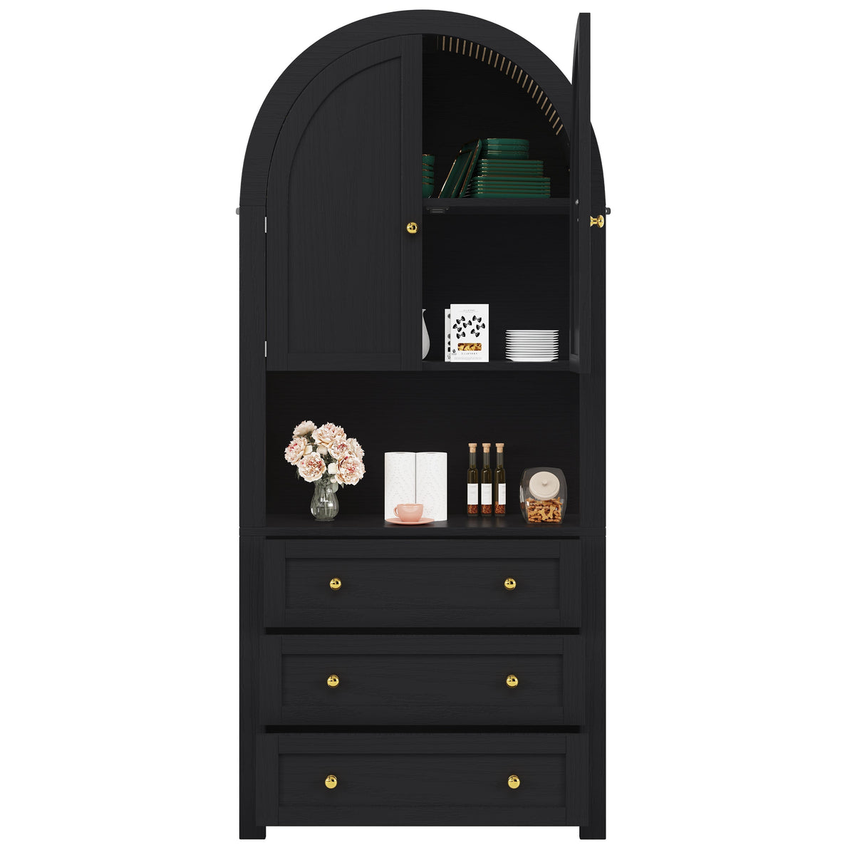 Tall Arched Storage Cabinet with Drawers, Doors & Open Display Area - Black
