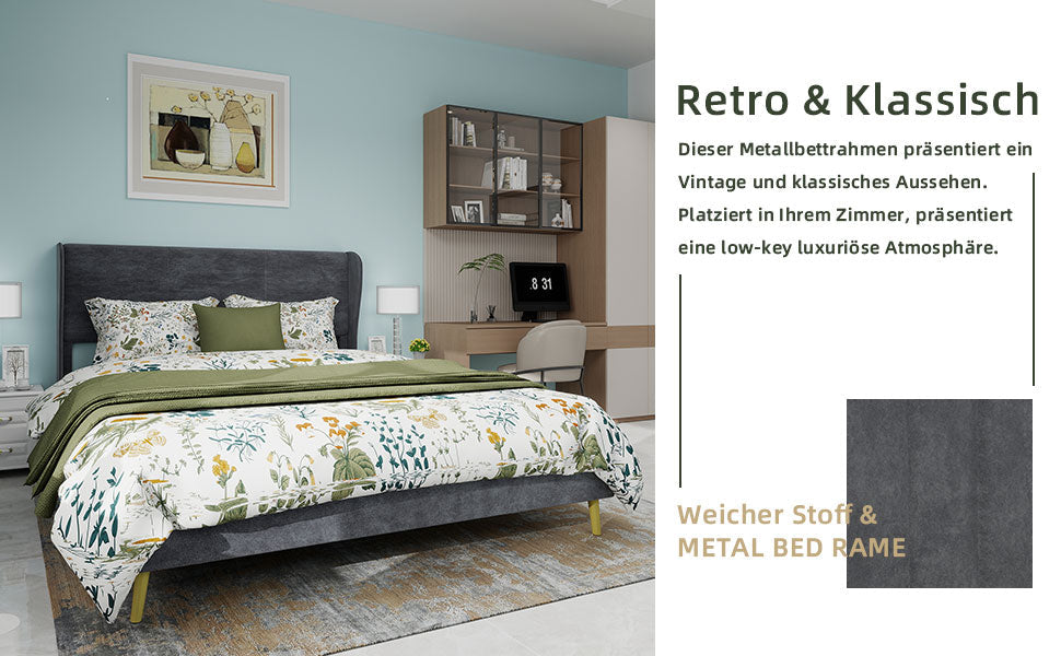 Upholstered Bed, Modern Minimalist Soft Headboard, 160x200 cm Grey