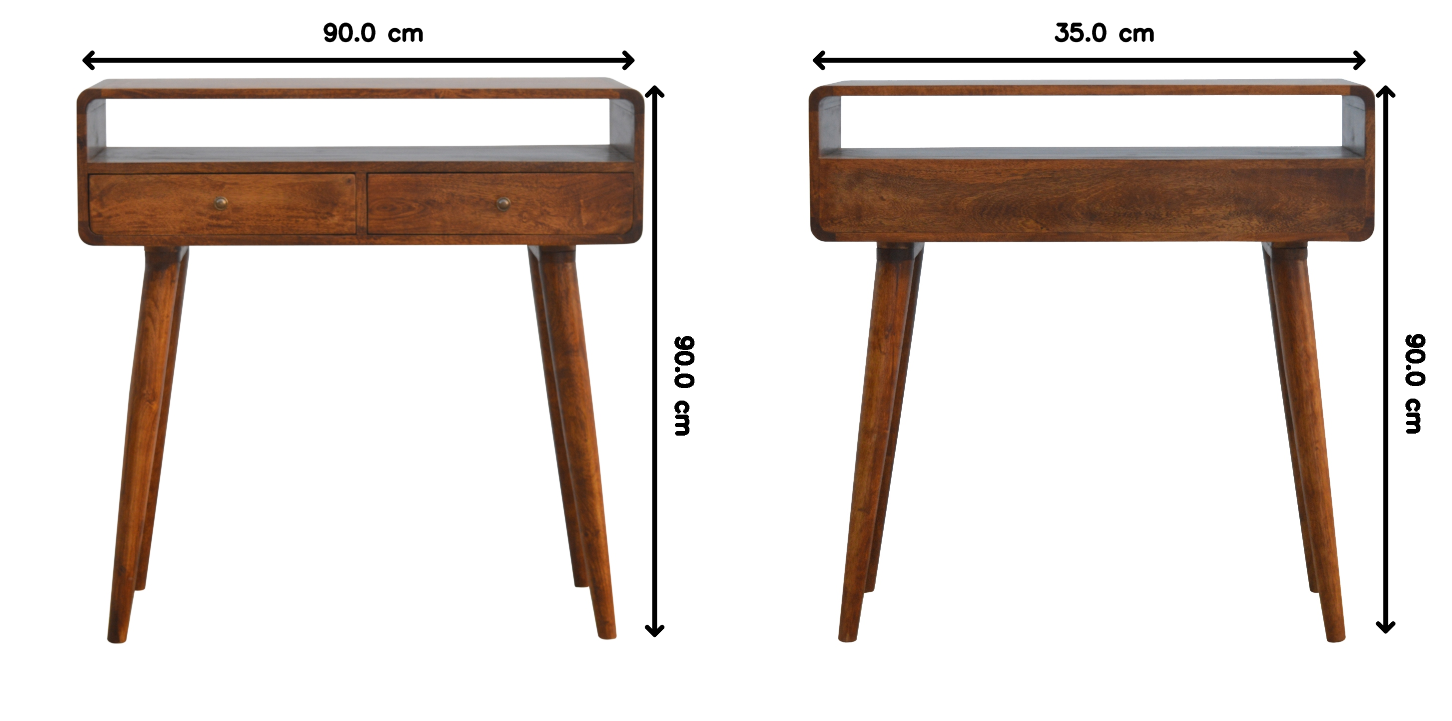 Solid Wood Console Table, Curved Chestnut 2-Drawer, Brown