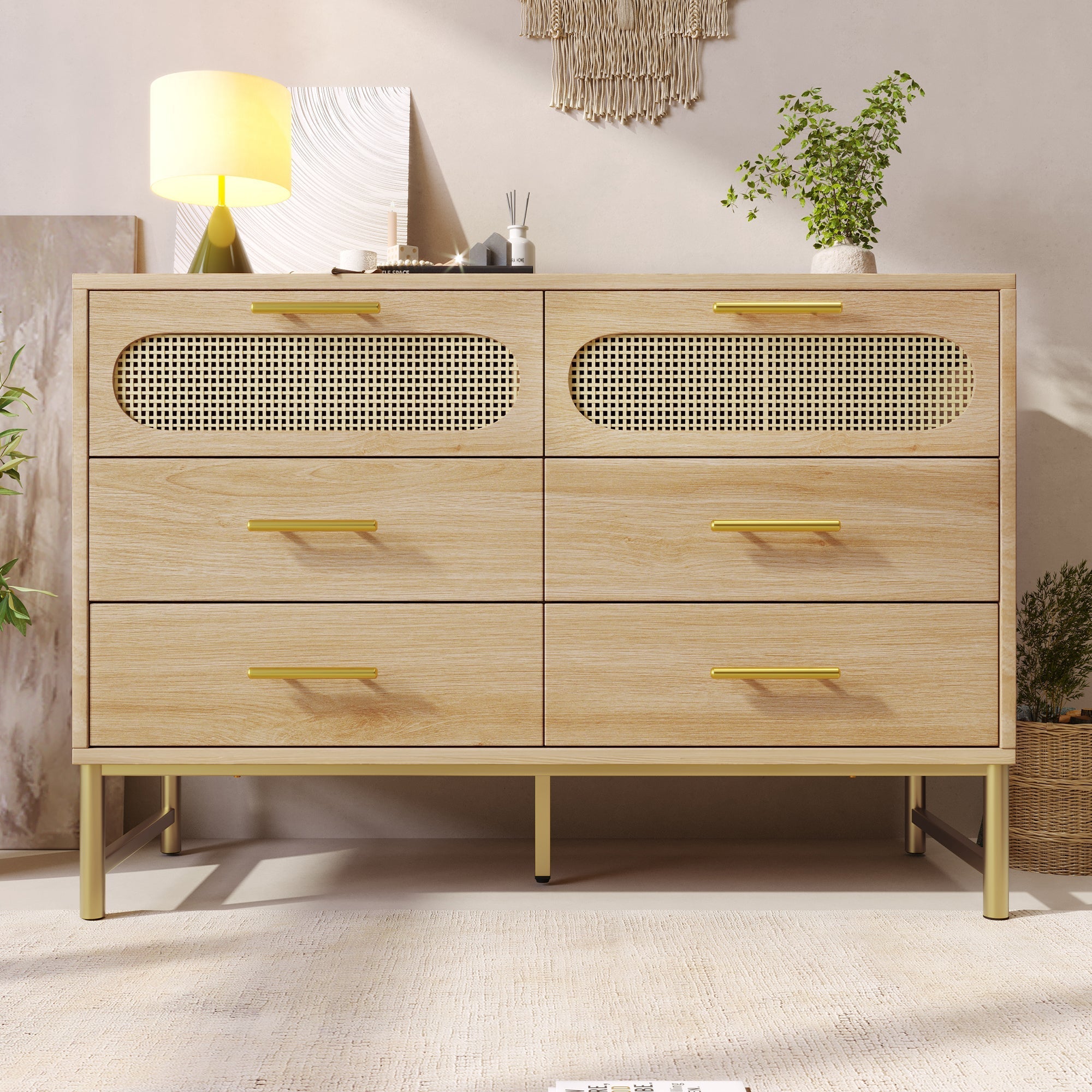 Rattan Sideboard, 6 Drawers Dresser Dressing Table, Sonoma Oak