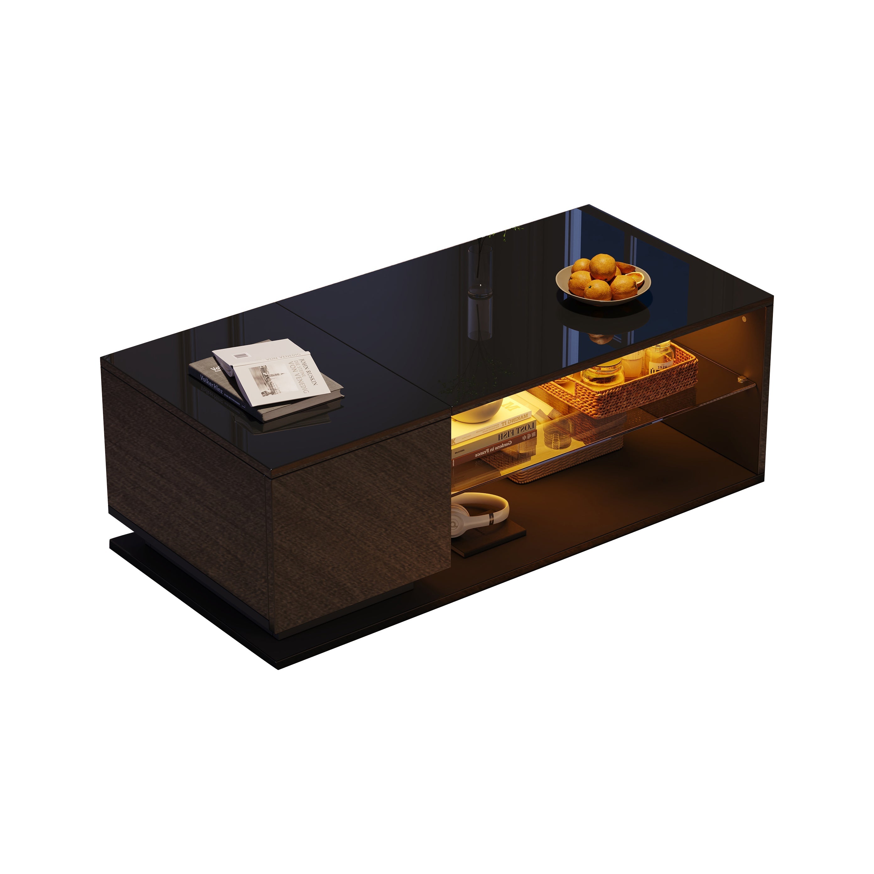 LED Coffee Table with High-Gloss Storage and APP LED Lights, Black High-Gloss