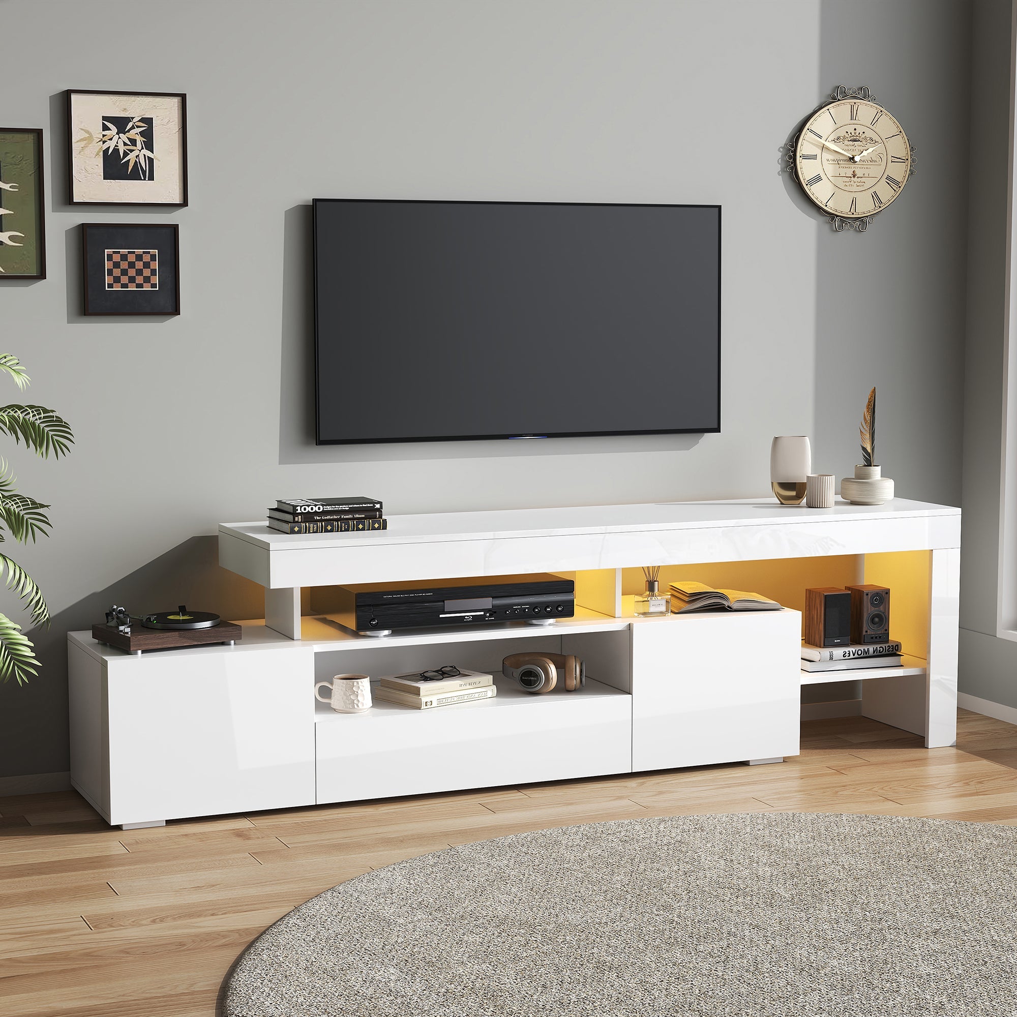 TV Cabinet, 192x37x53cm with 3 Cabinets, LED High-Gloss, White