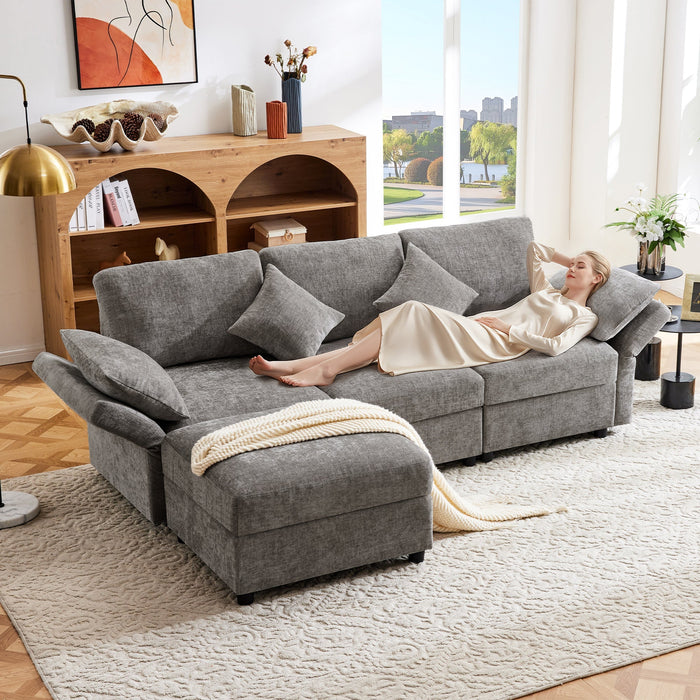 L-shaped Corner Sofa Bed 3-Seater Footstool Adjustable Armrests Chenille Gray