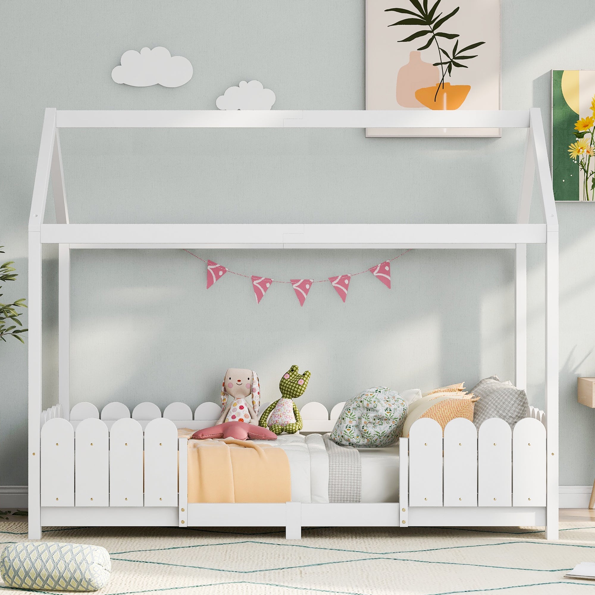 House bed 90x200 cm - versatile wooden children's bed with fall protection and slatted frame - white