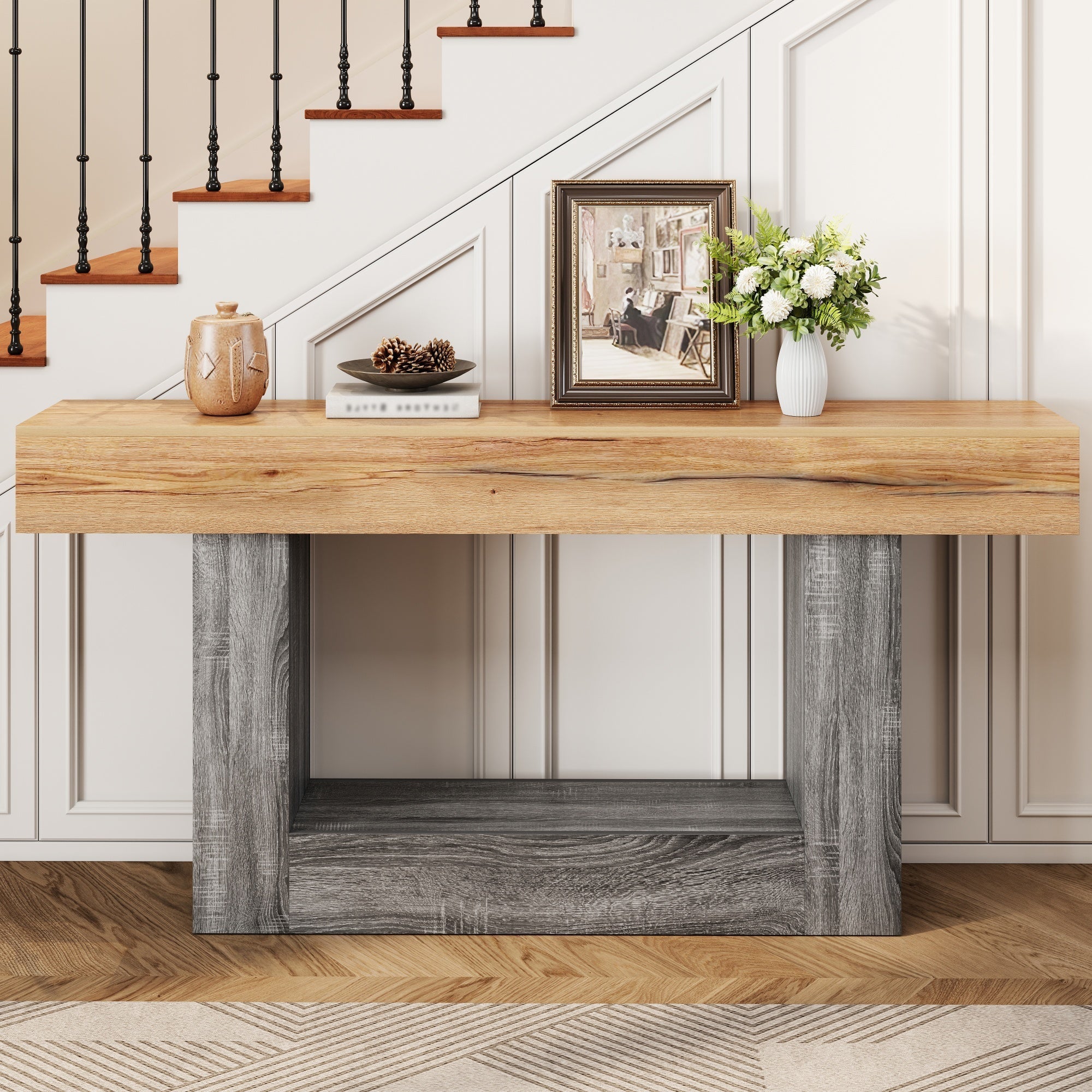 Two-Tone Console Table with Storage Shelf and Thick Tabletop, Wood Look Chipboard