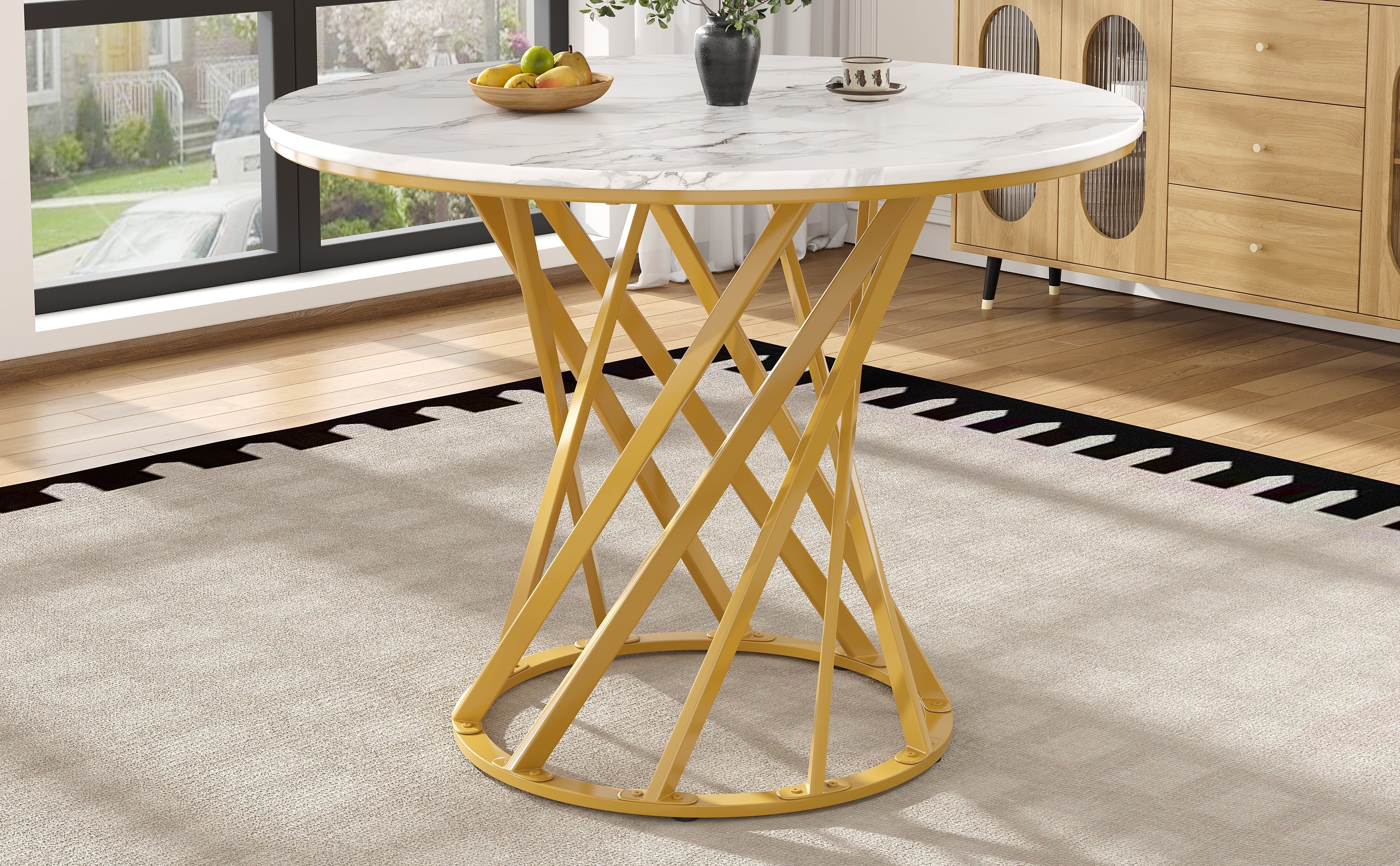 Round Dining Table 80cm for 4 Marbled MDF Top Metal Legs Gold