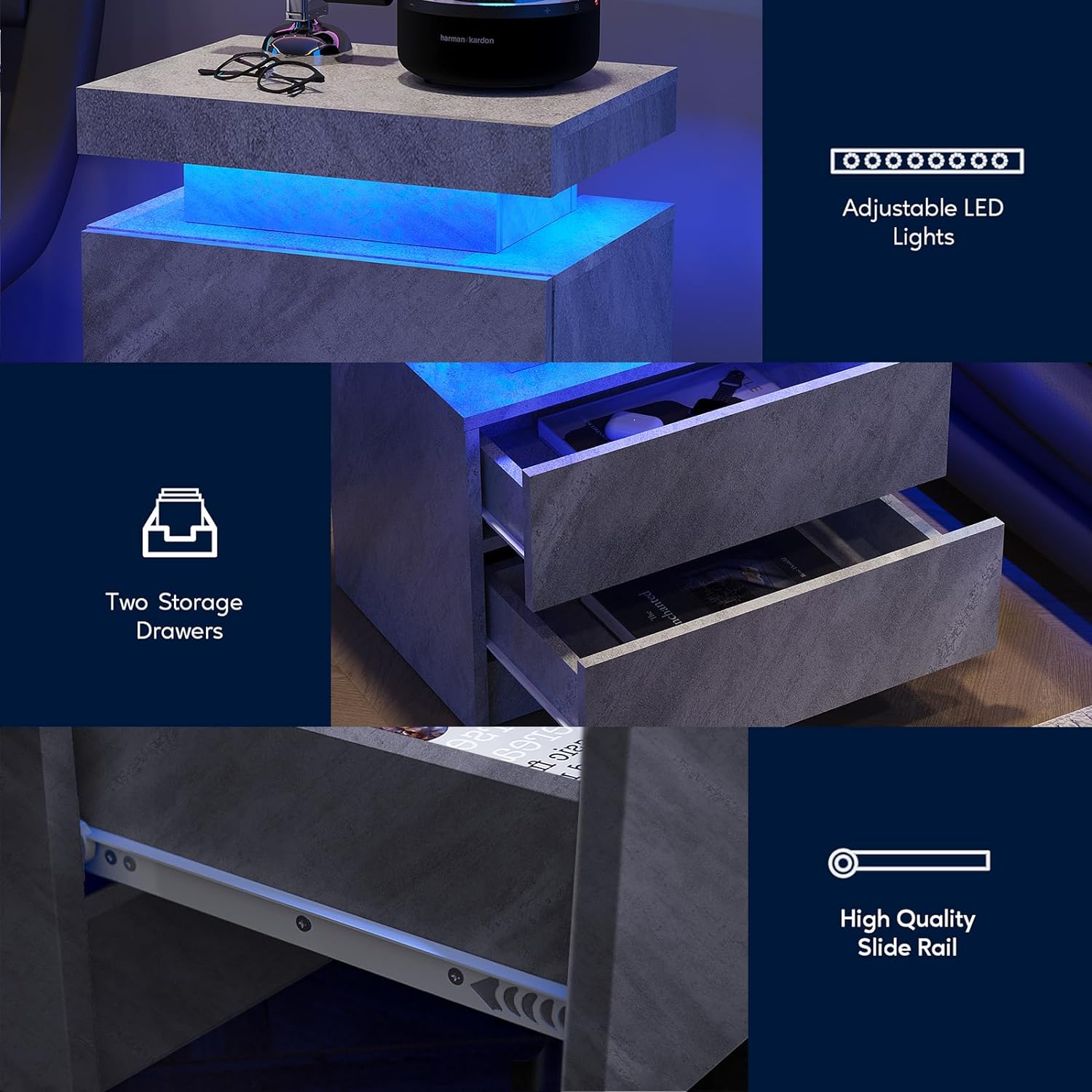 Nightstand LED Bedside Table Cabinet Lights Modern End Side with 2 Drawers for Bedroom (Gray)