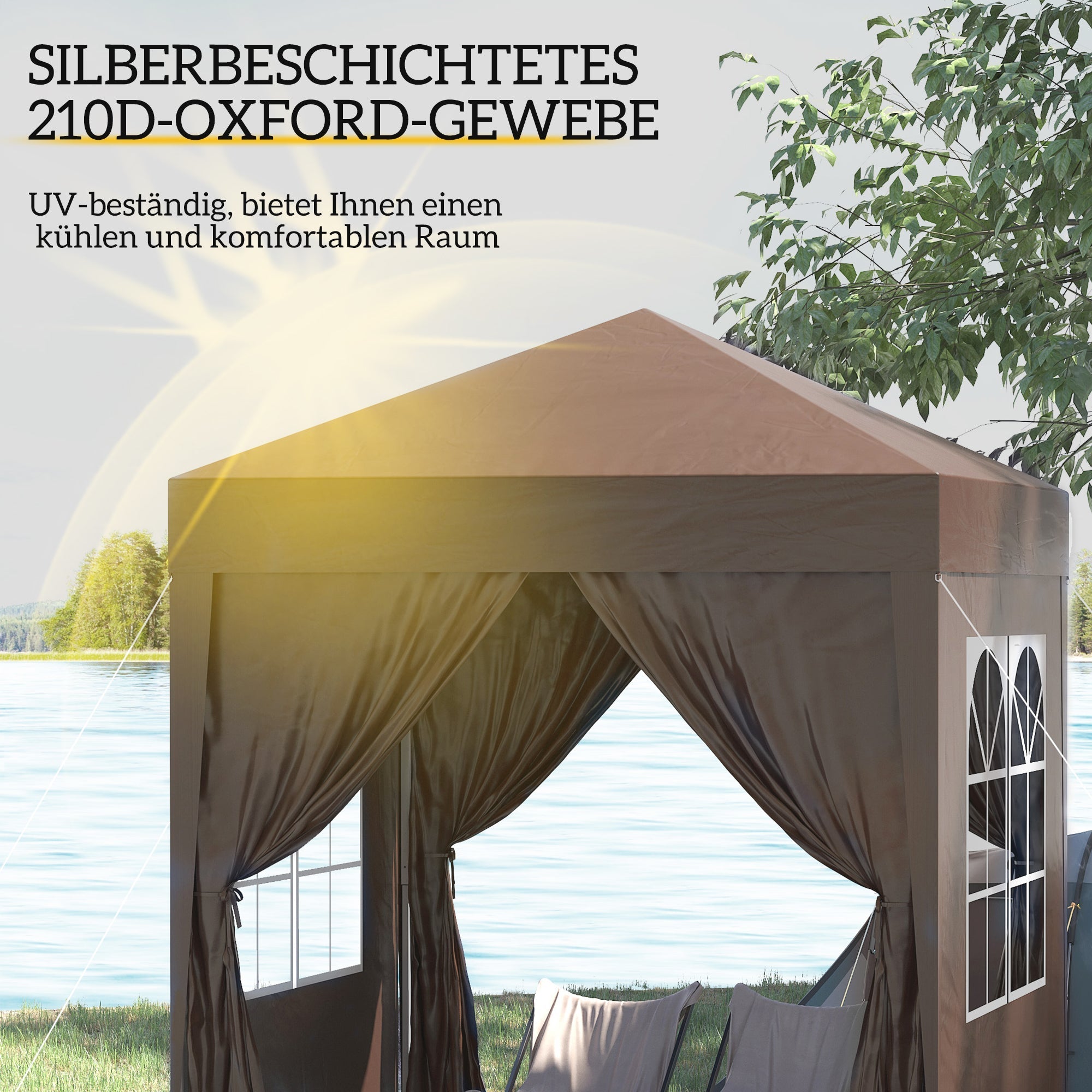 Folding Pavilion 2x2m UV Protection Side Panels Windows Oxford Fabric Brown