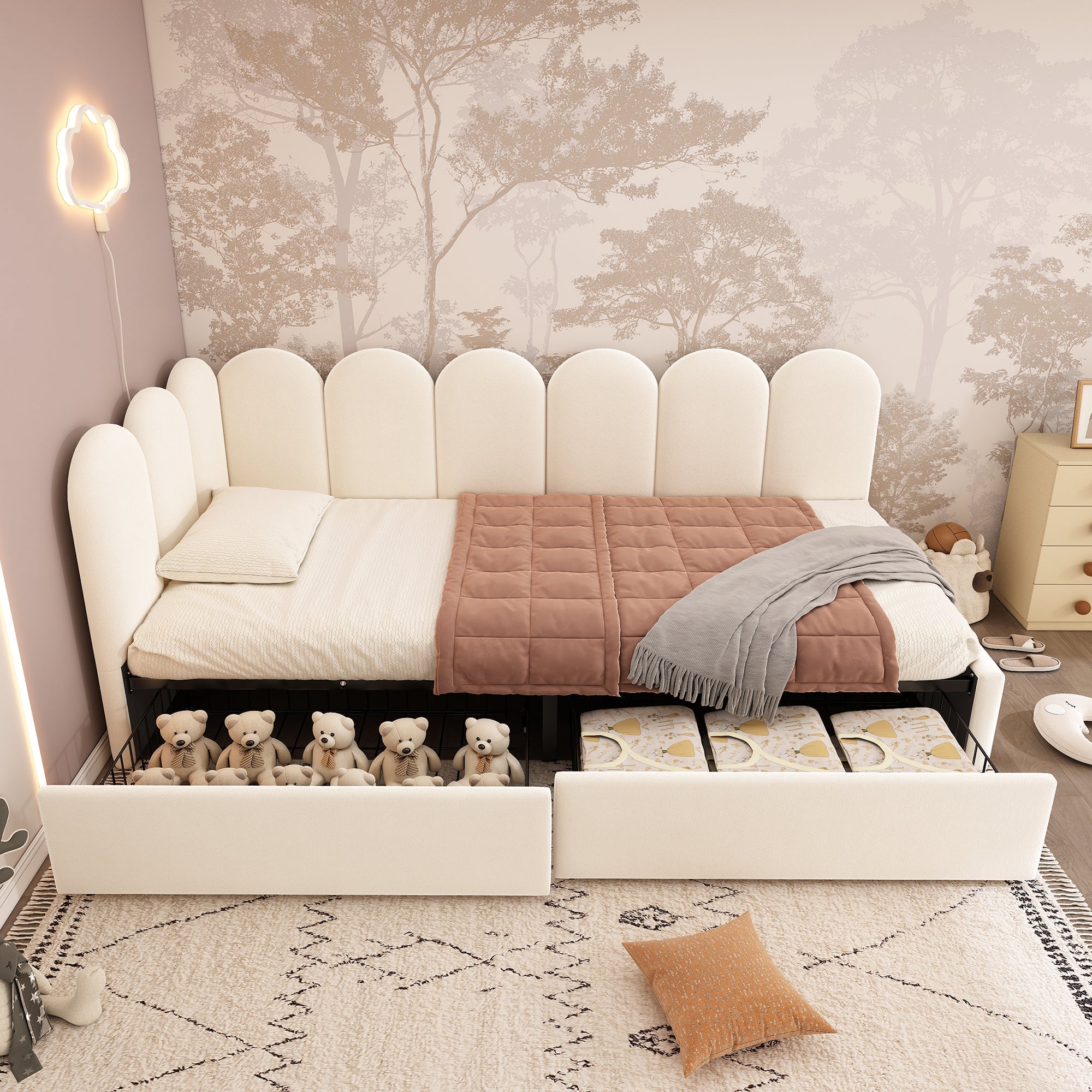 Upholstered single bed with drawers, storage bed in velvet, daybed / sofa bed, 90 × 190 cm, with slatted base, suitable for teenagers and adults, children’s bed, beige (mattress not included)