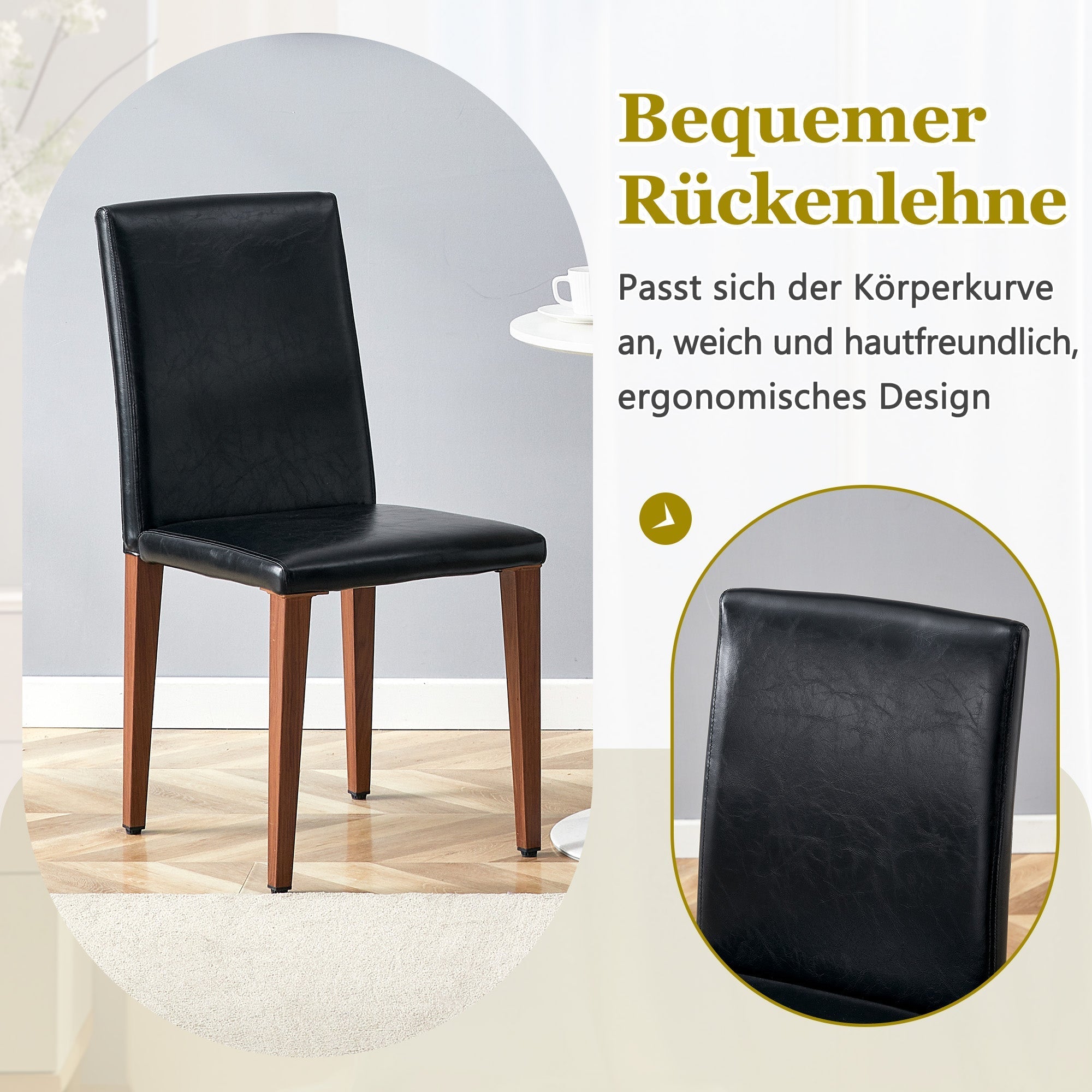 Minimalist Dining Chairs Set of 2, Ergonomic PU Leather with Metal Legs, Black and Walnut Finish