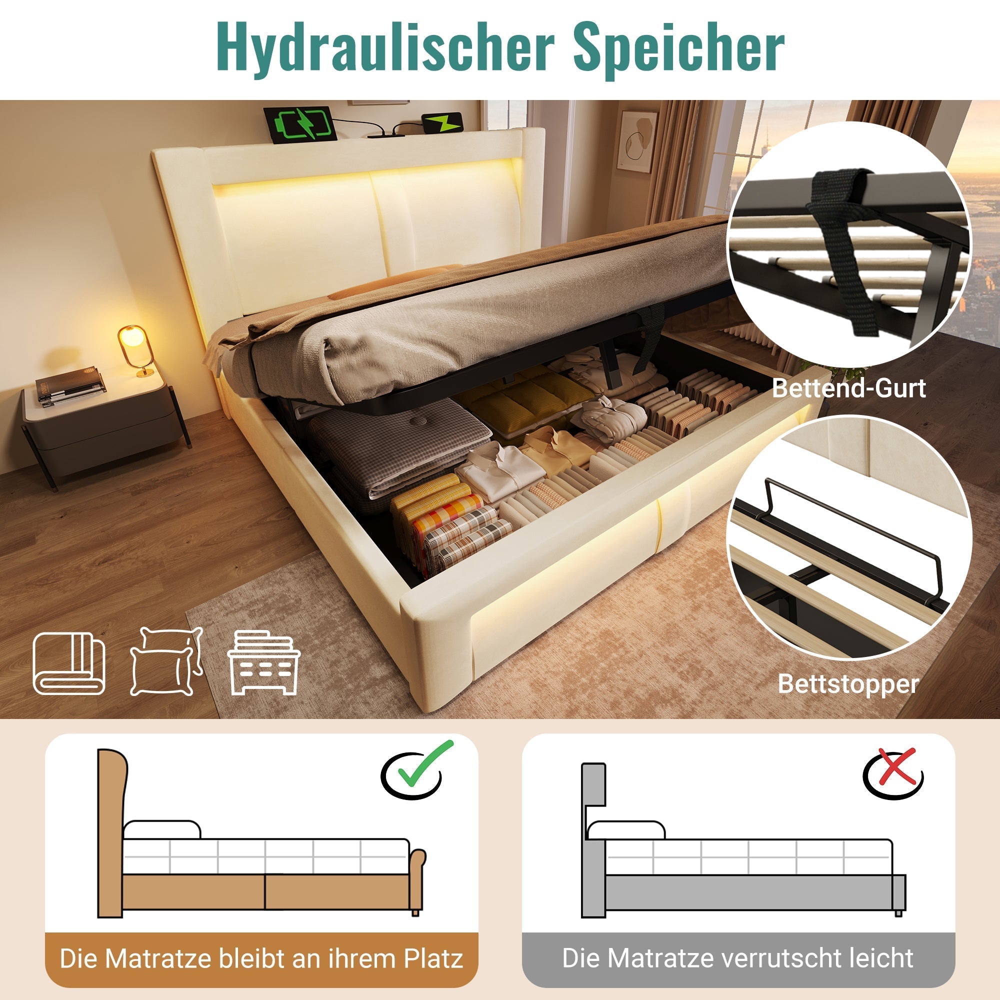 Double Bed with Hydraulic Storage, LED Lighting and Charging Ports, Beige Velvet