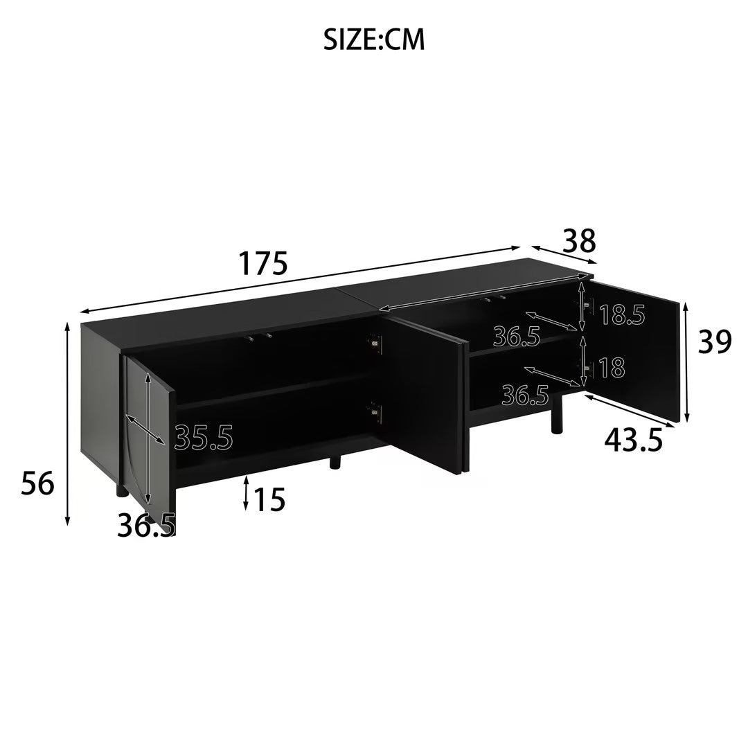 TV Cabinet 175cm Adjustable Shelves Lowboard Black