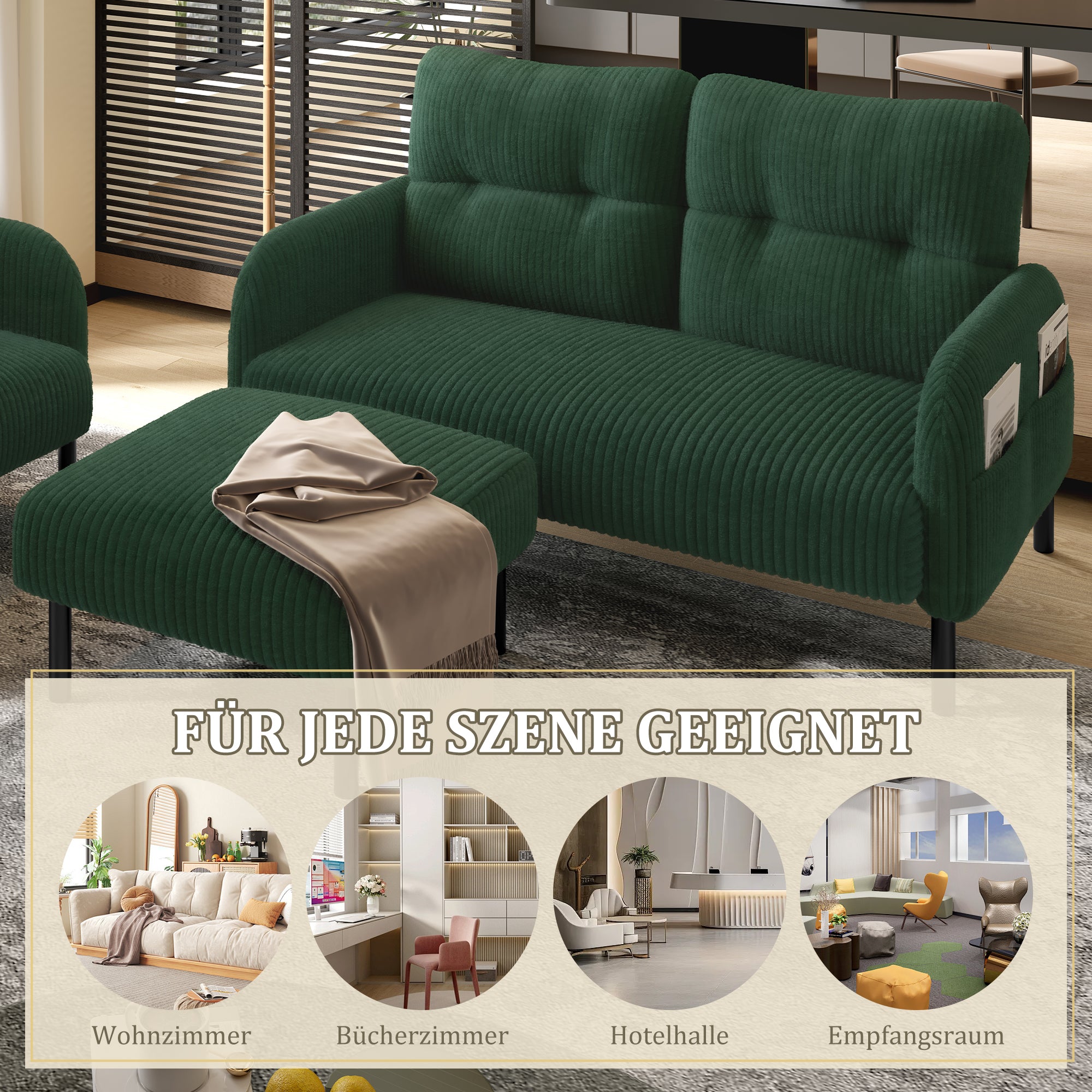 Cord Modular Sofa Set 3-Piece Armchair Footstool 2-Seater Side Pocket Emerald Green