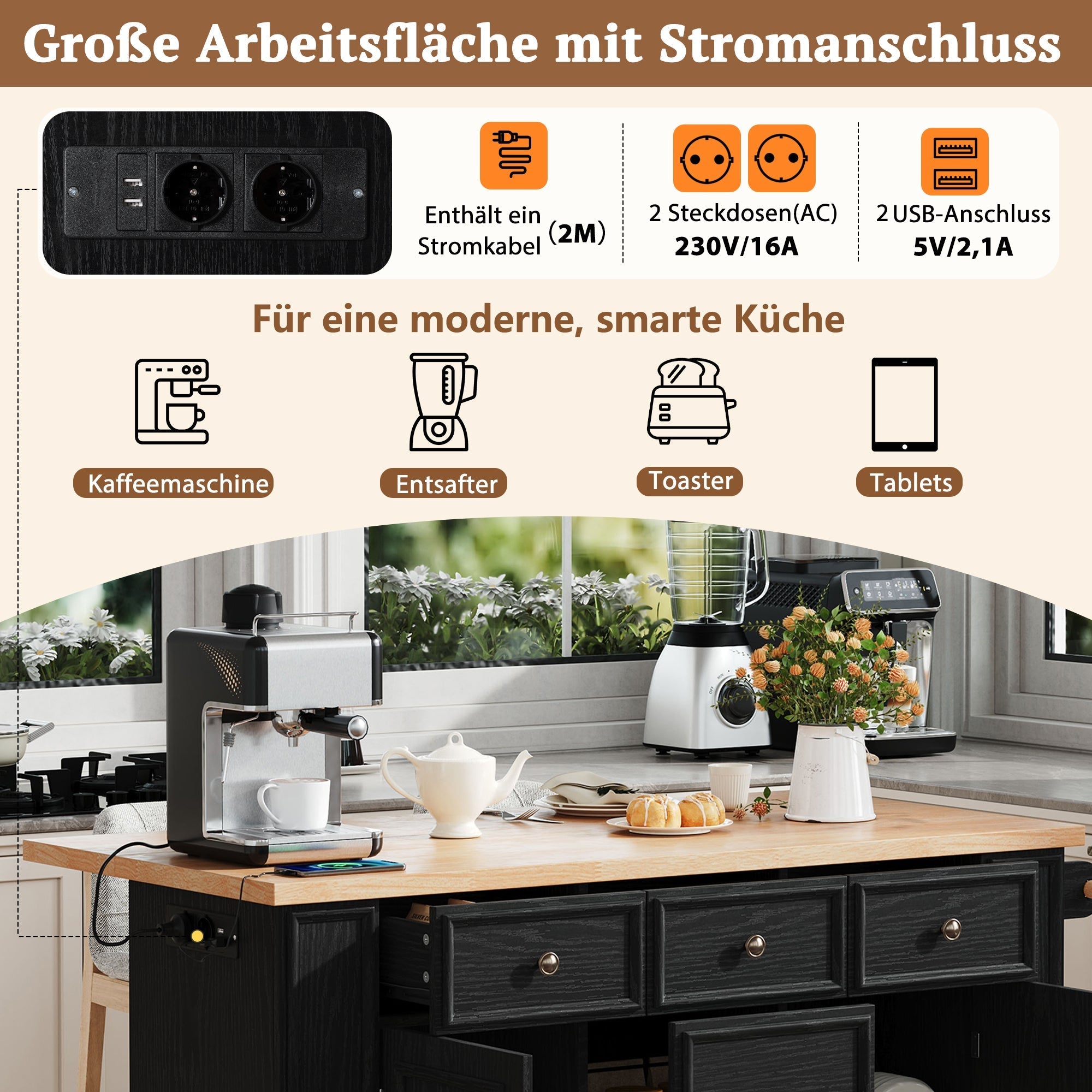 Extendable Kitchen Island with Drawers, Shelves & Power Strips - Black