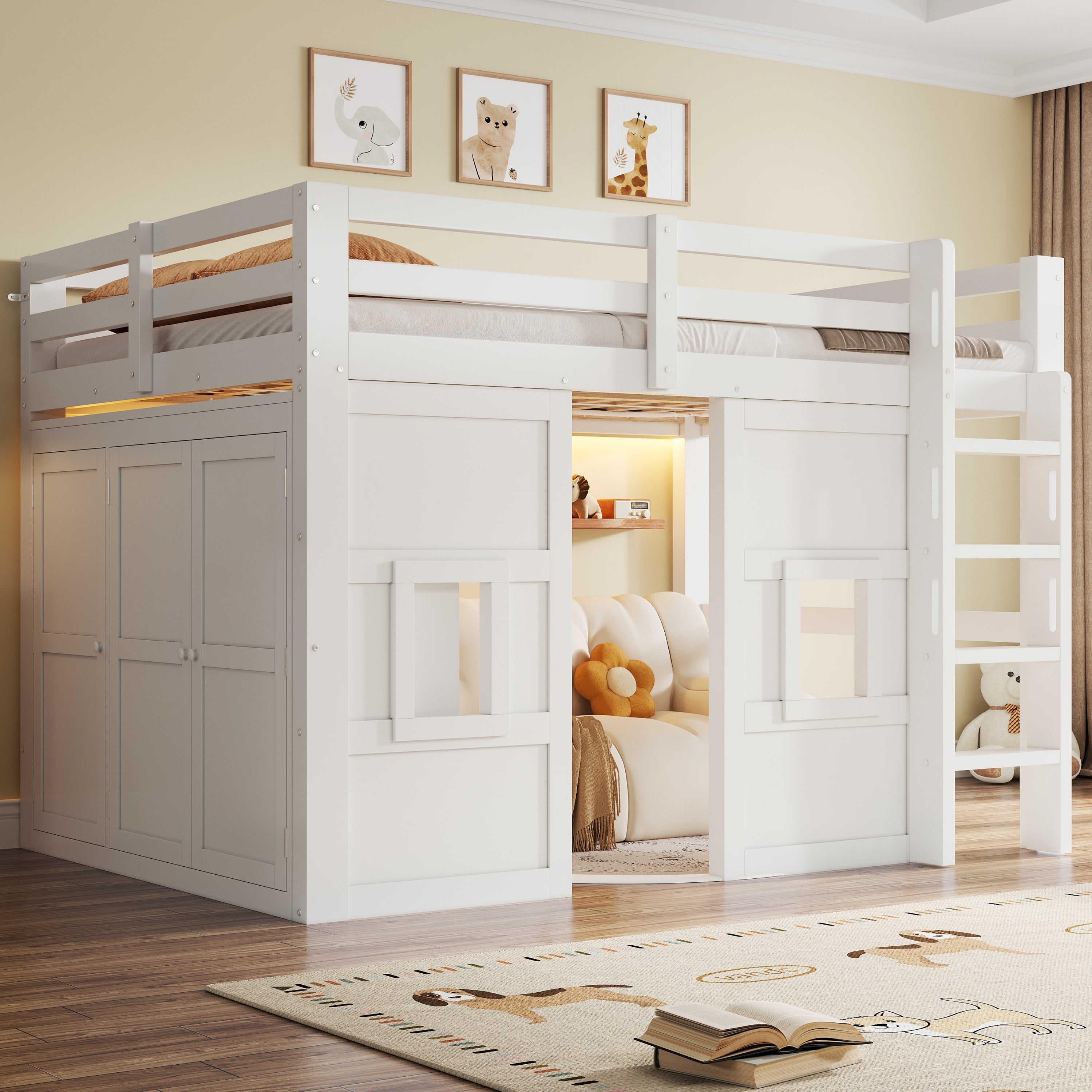 Loft Bed with Integrated Wardrobe, 2 Windows and LED Lighting, 140x200cm, White Wood