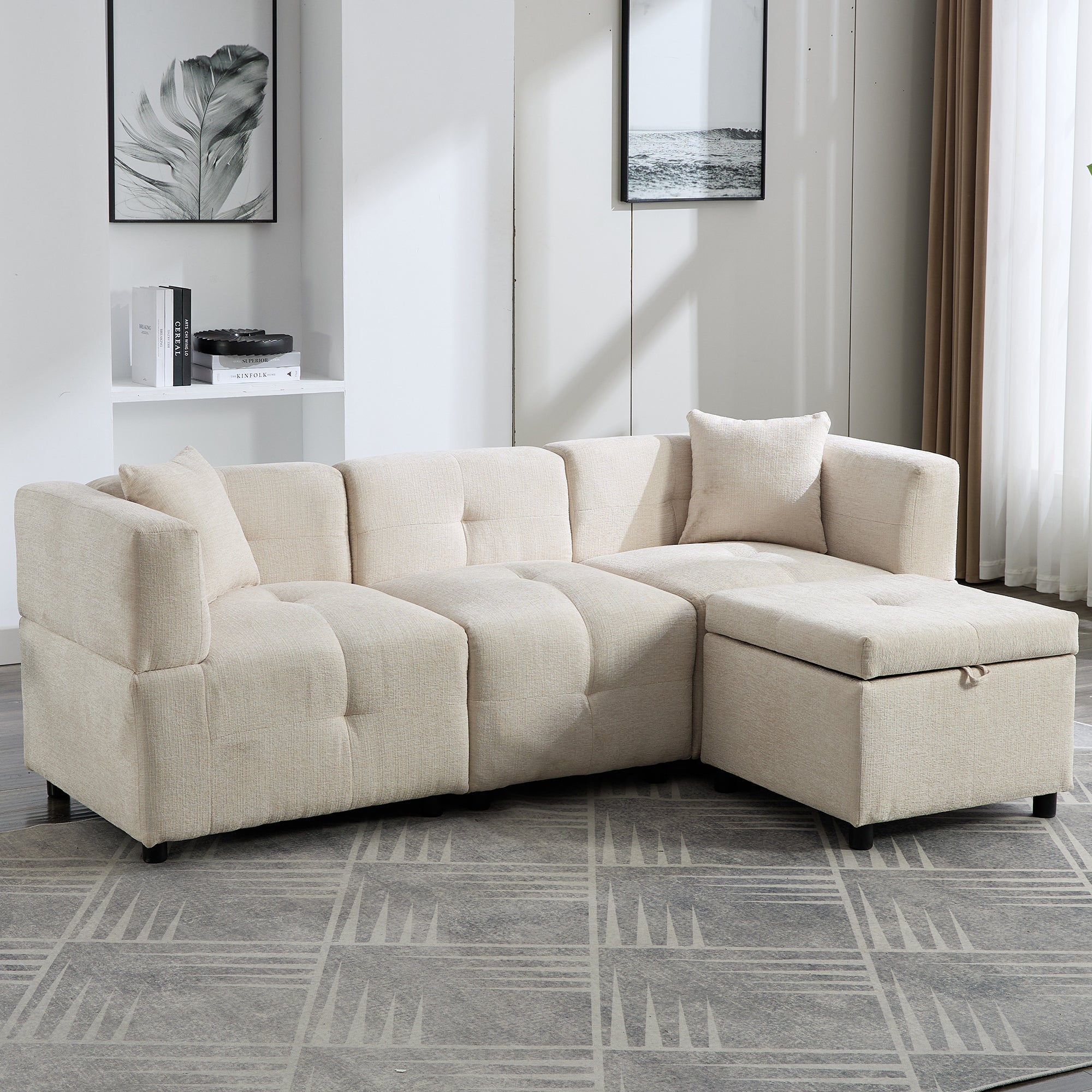 Sectional Sofa Couch 80" with Removable Storage Ottoman & 2 Pillows, L-Shaped Fabric, Beige