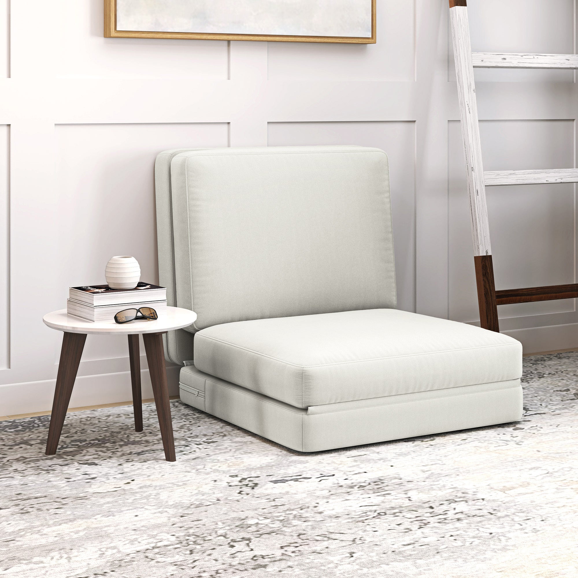Klappbares Samt-Schlafsofa, 3-in-1, Stauraum, Cremeweiß