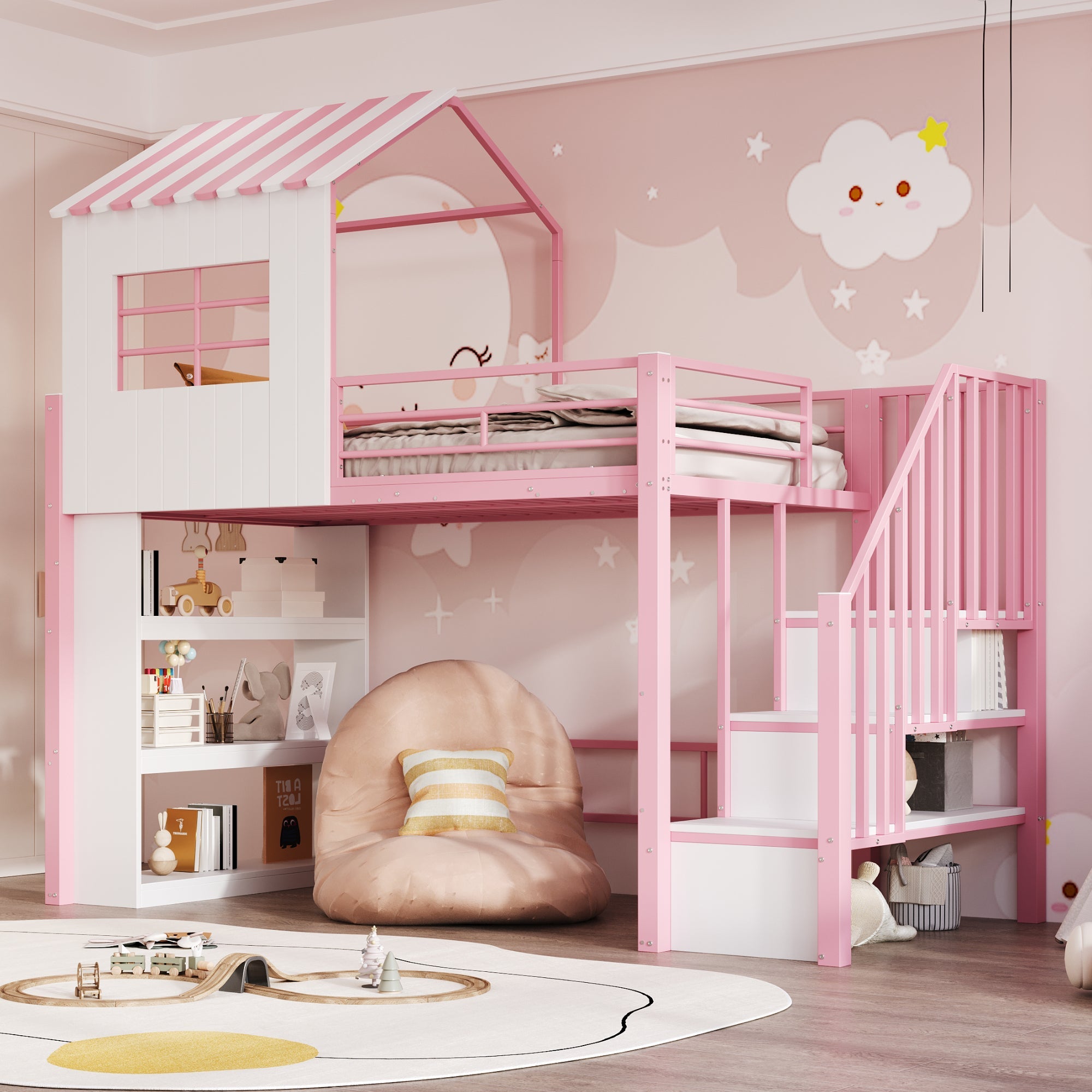 Iron Loft Bed with House Design, Storage Shelf and Safety Rail, 90x200cm, Pink Iron