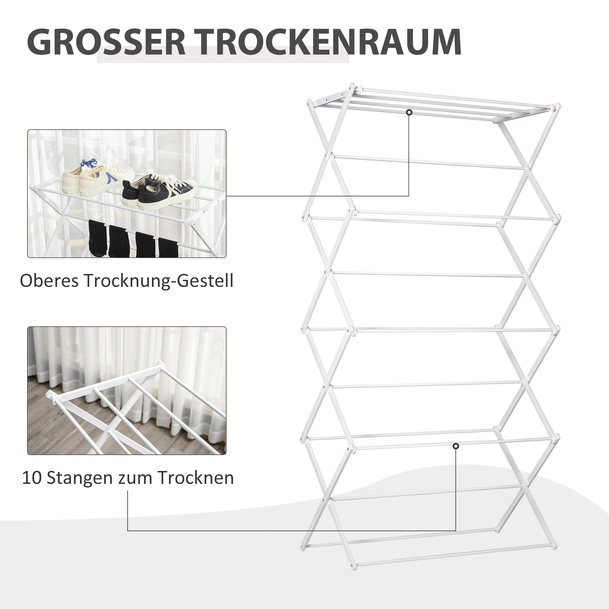 Wäscheständer klappbar, 8-stufiger Turmtrockner, Metall Kunststoff Weiß