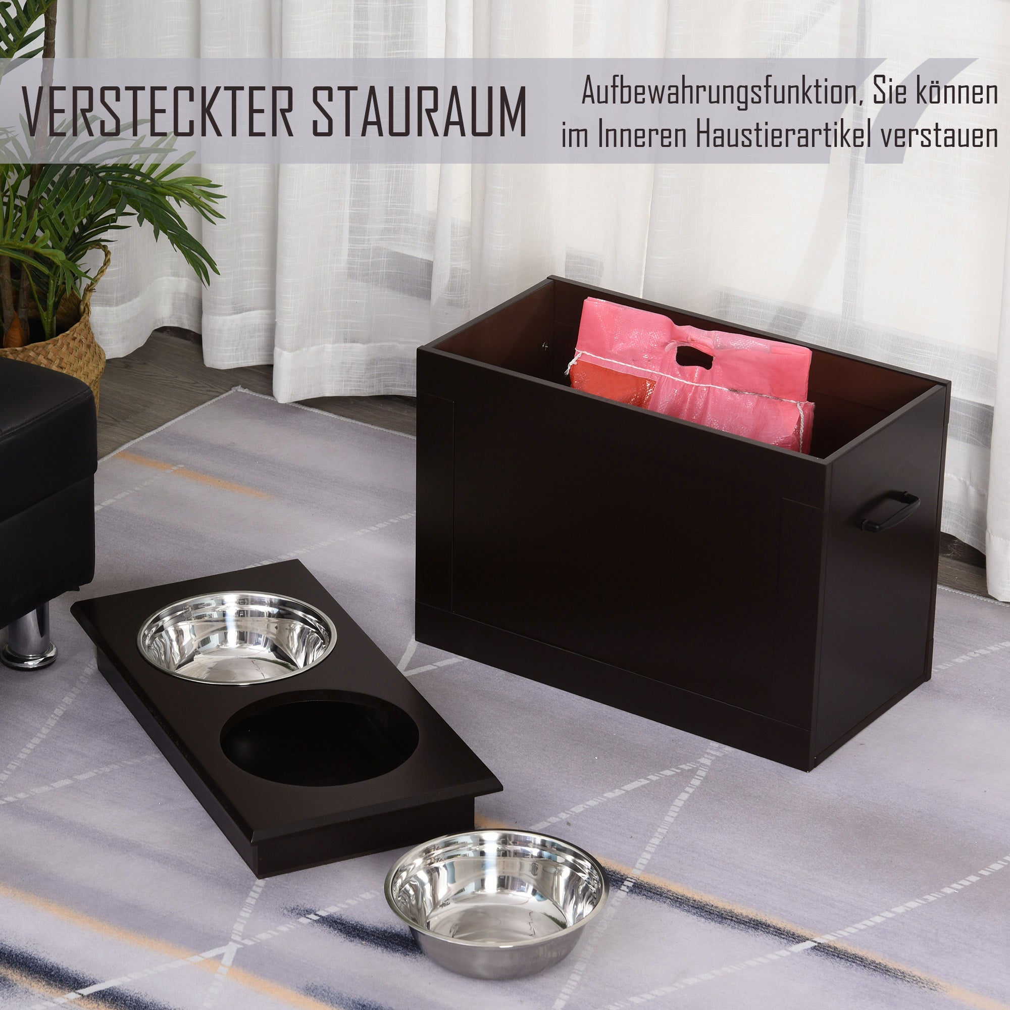 Dog Food Bowl, Elevated Feeder with Storage, 2 Stainless Steel Bowls, Espresso MDF