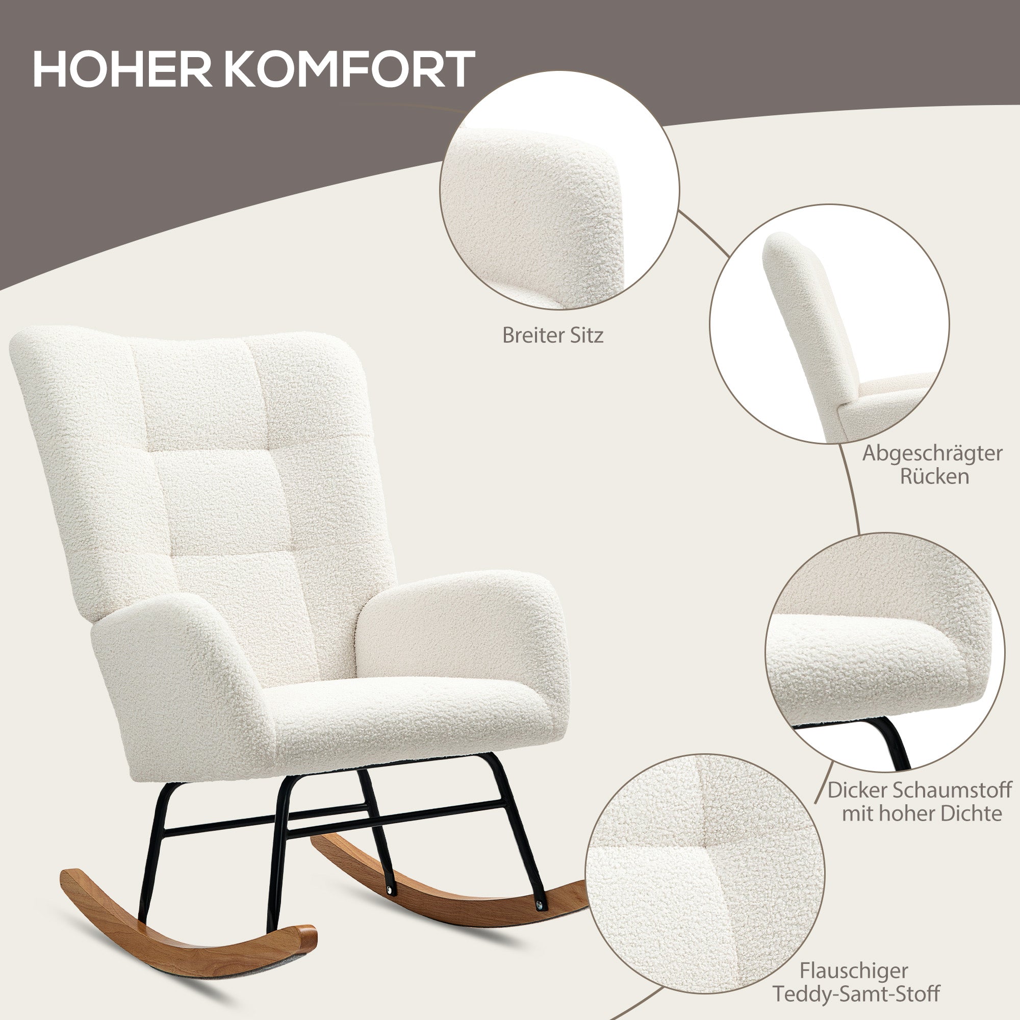 Rocking Chair, Armrests, Teddy Velvet, Cream White