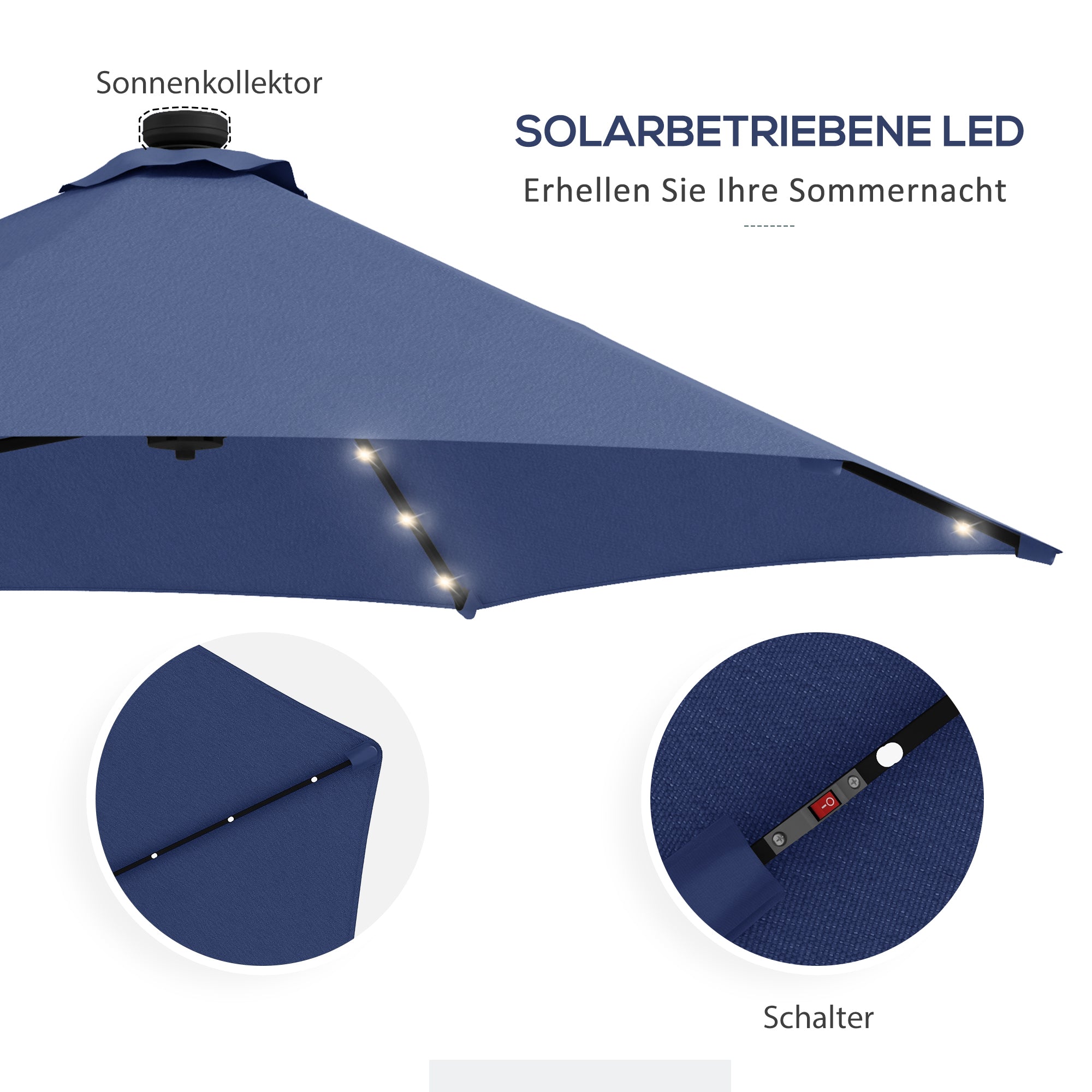 Solar Parasol, LED, Ø290x260 cm, UV Protection, Hand Crank, Polyester Dark Blue
