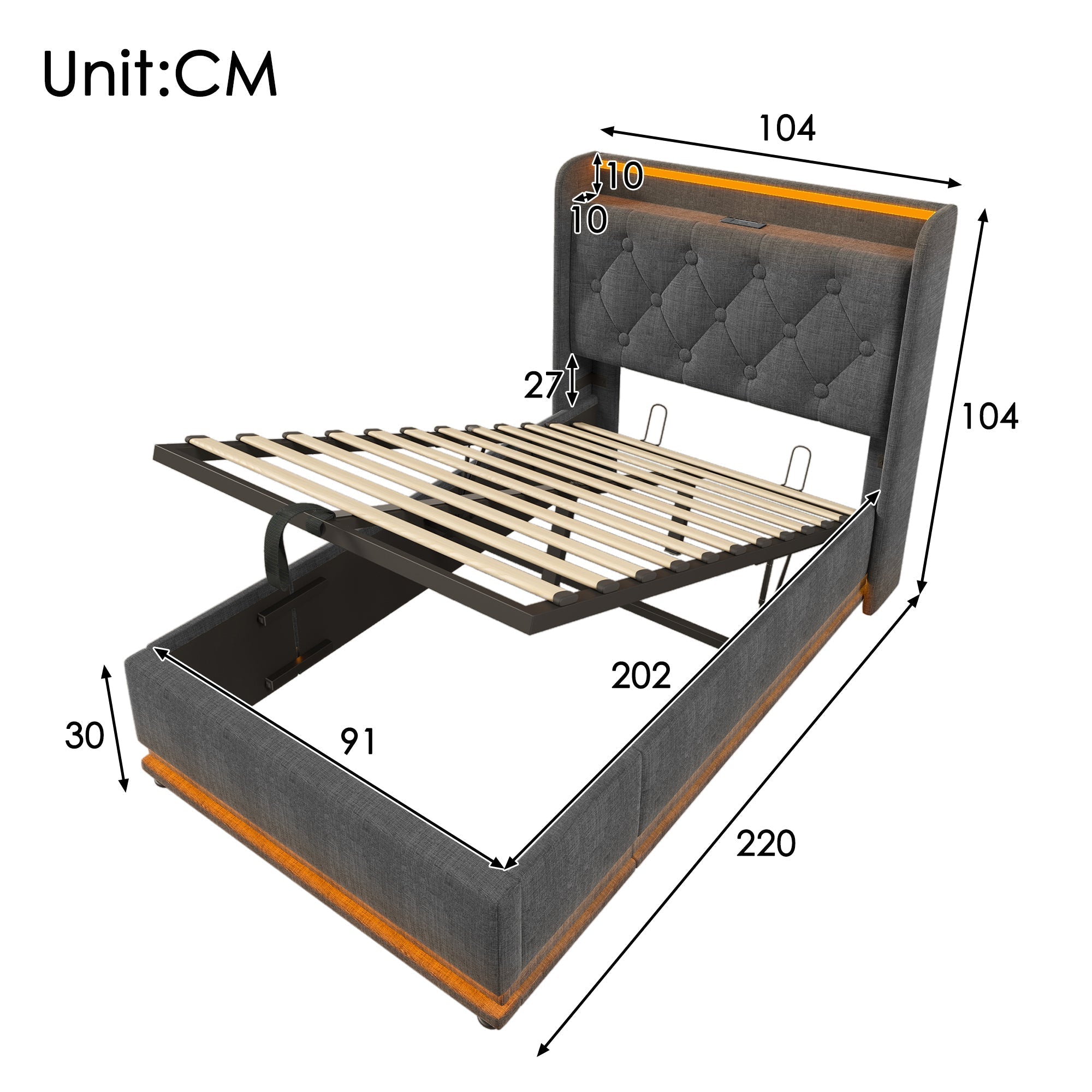 Upholstered Single Bed, 360-Degree LED, Hydraulic Storage, USB Type-C, Gray Linen