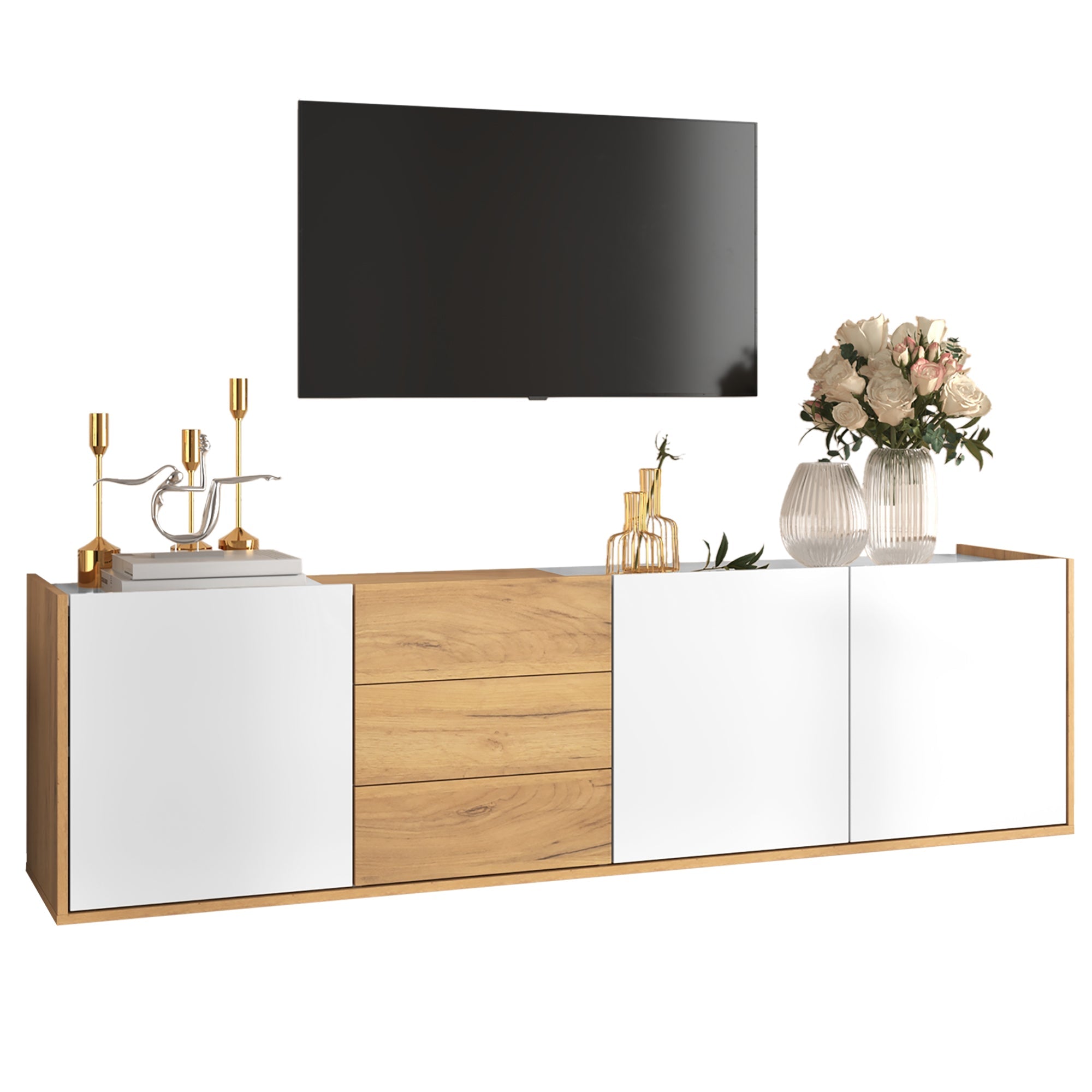 TV Cabinet, Low Panel Wall/Floor Mount, White and Wood