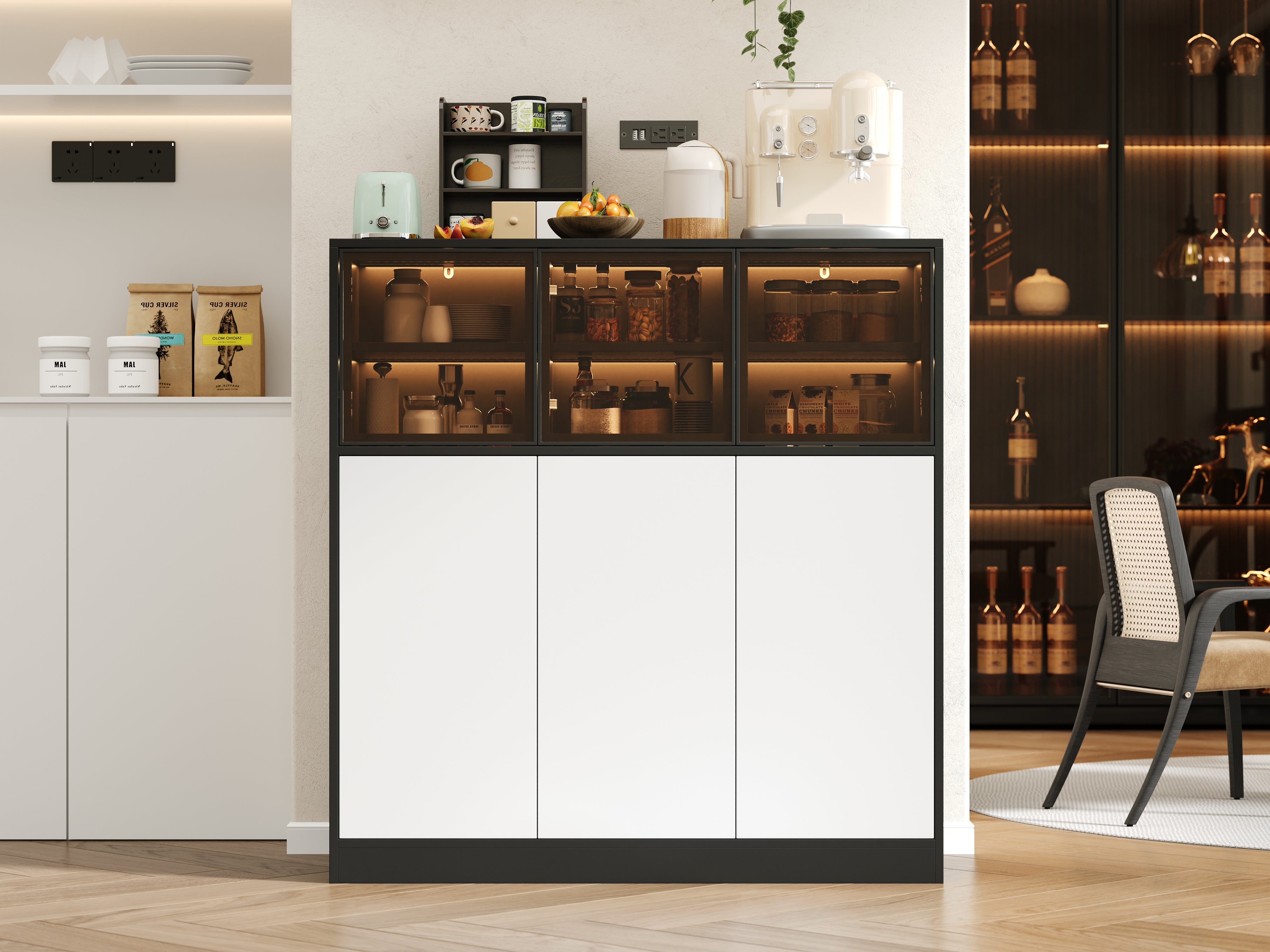 Sideboard Cabinet 100x40x105cm Lighting 3 Glass Doors - White