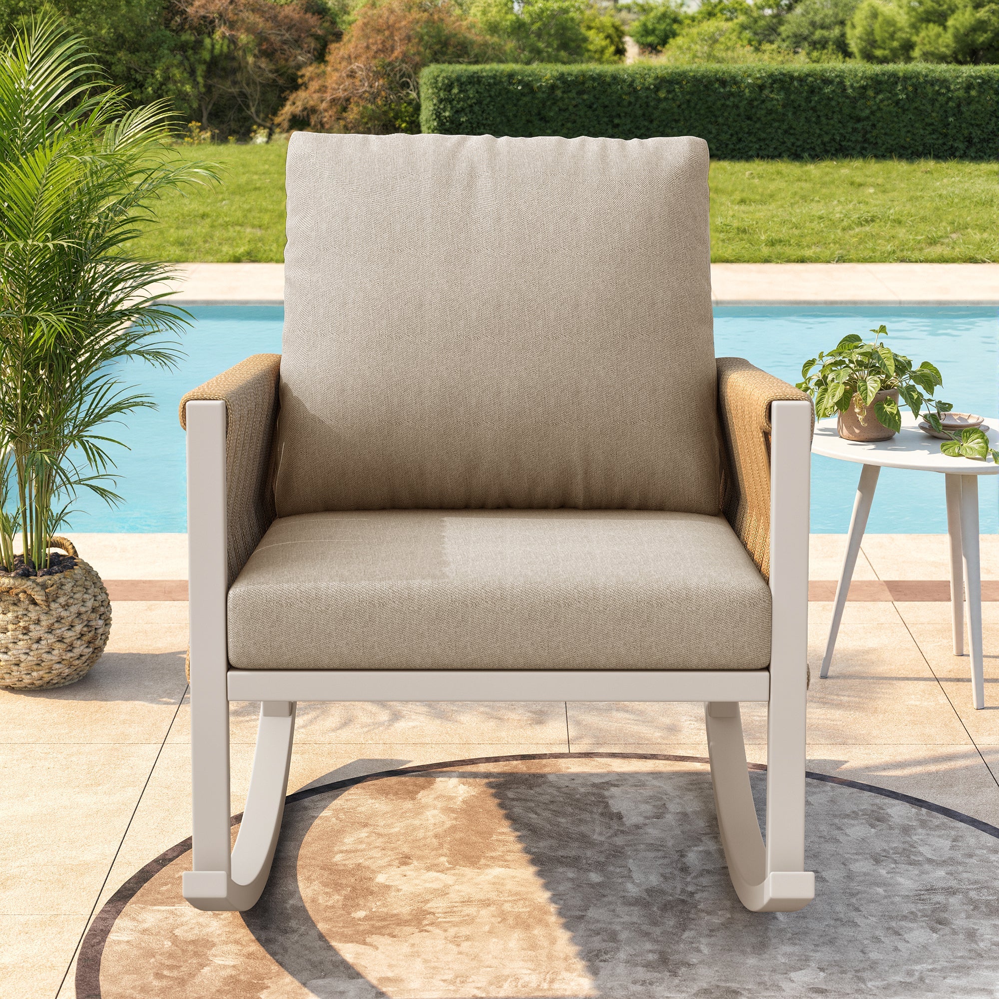 Outdoor Rocking Chair with Cross-Rope Weaving and Cushions, Weatherproof Metal Frame