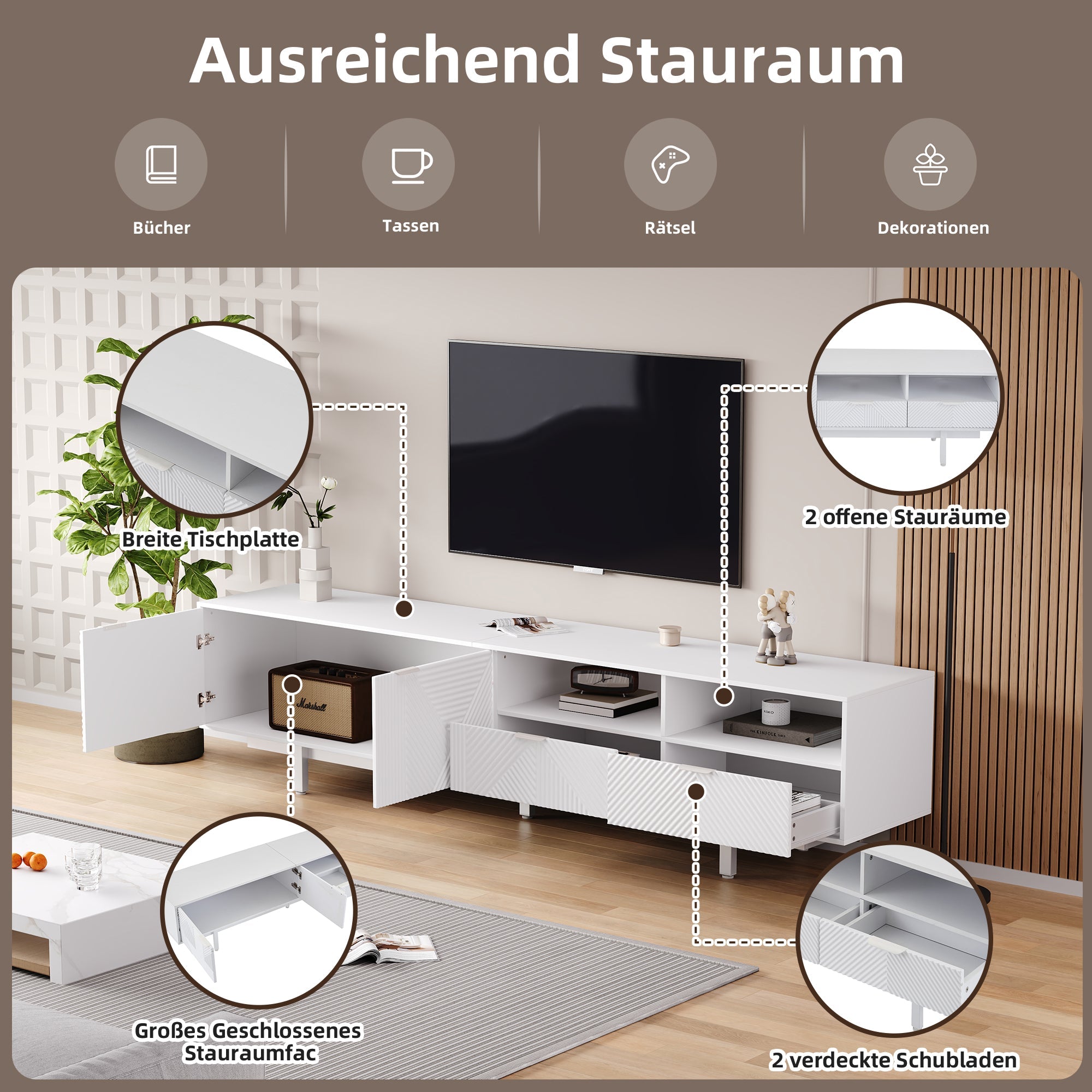 TV Cabinet, Modern Bohemian Abstract Geometric Lines, White, 200x40x51cm for 90-inch TVs