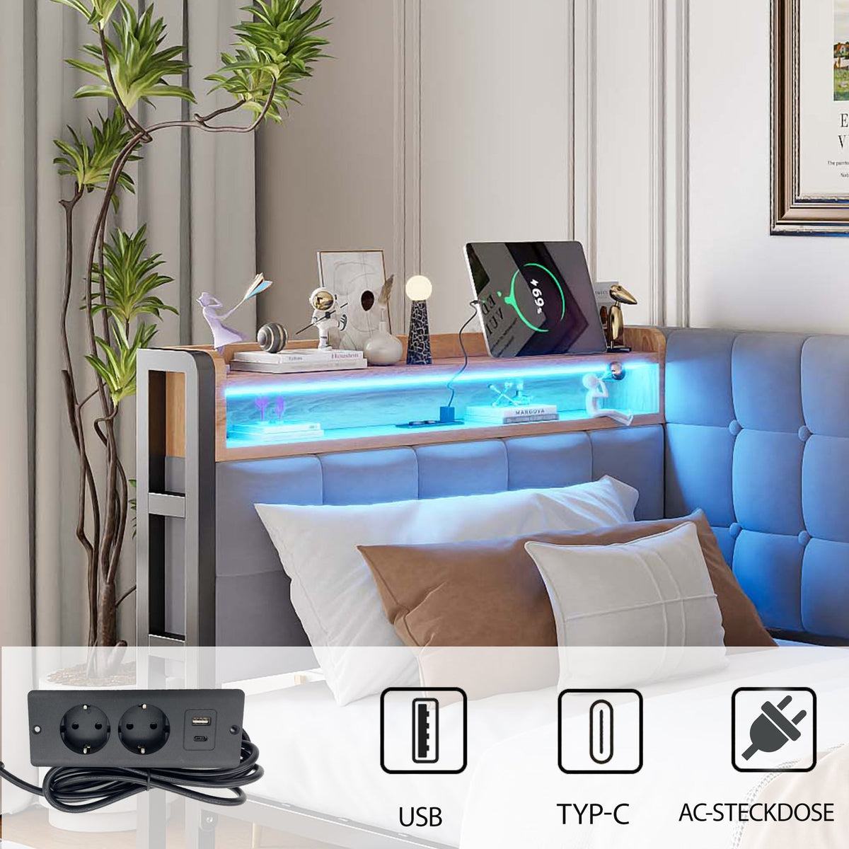 Upholstered Sofa Bed 90x200cm Drawers LED USB Grey