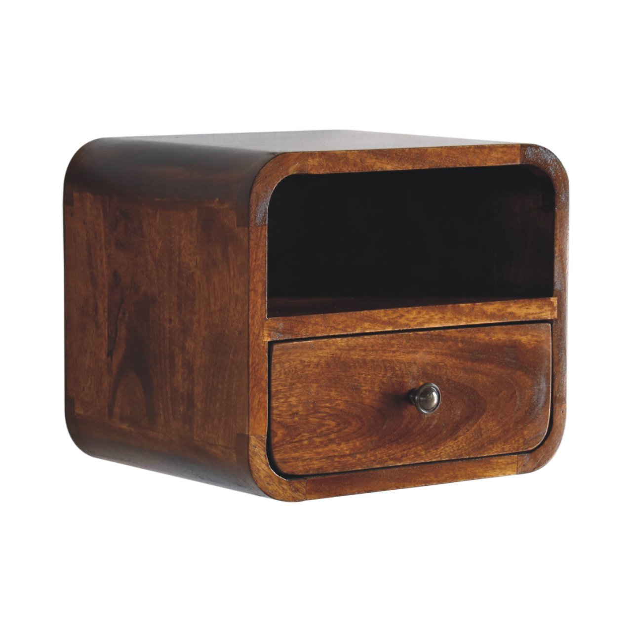 Extra Mini Bedside, Wall Mounted Curved 1 Drawer Open Slot, Solid Wood Dark Brown