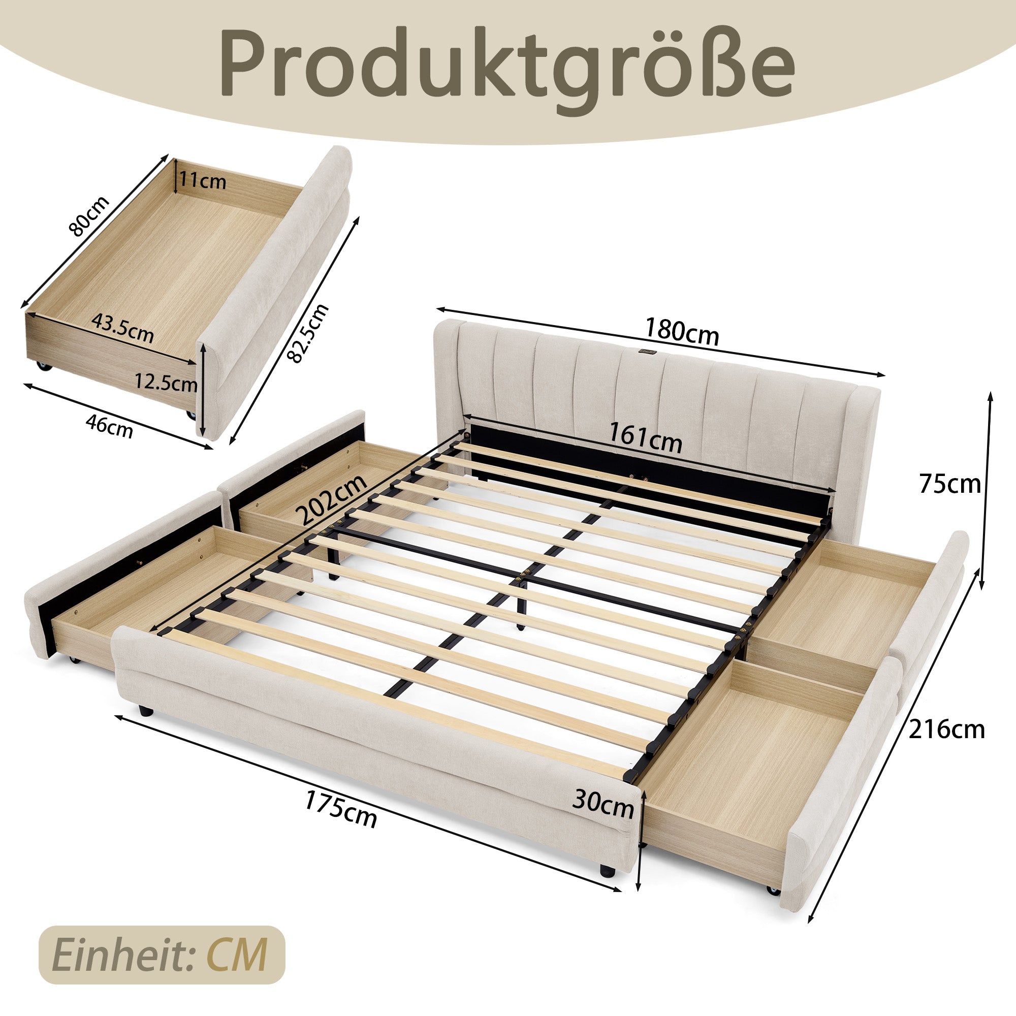 Double Bed 160x200cm Storage USB Charging Port Soft Chenille Beige