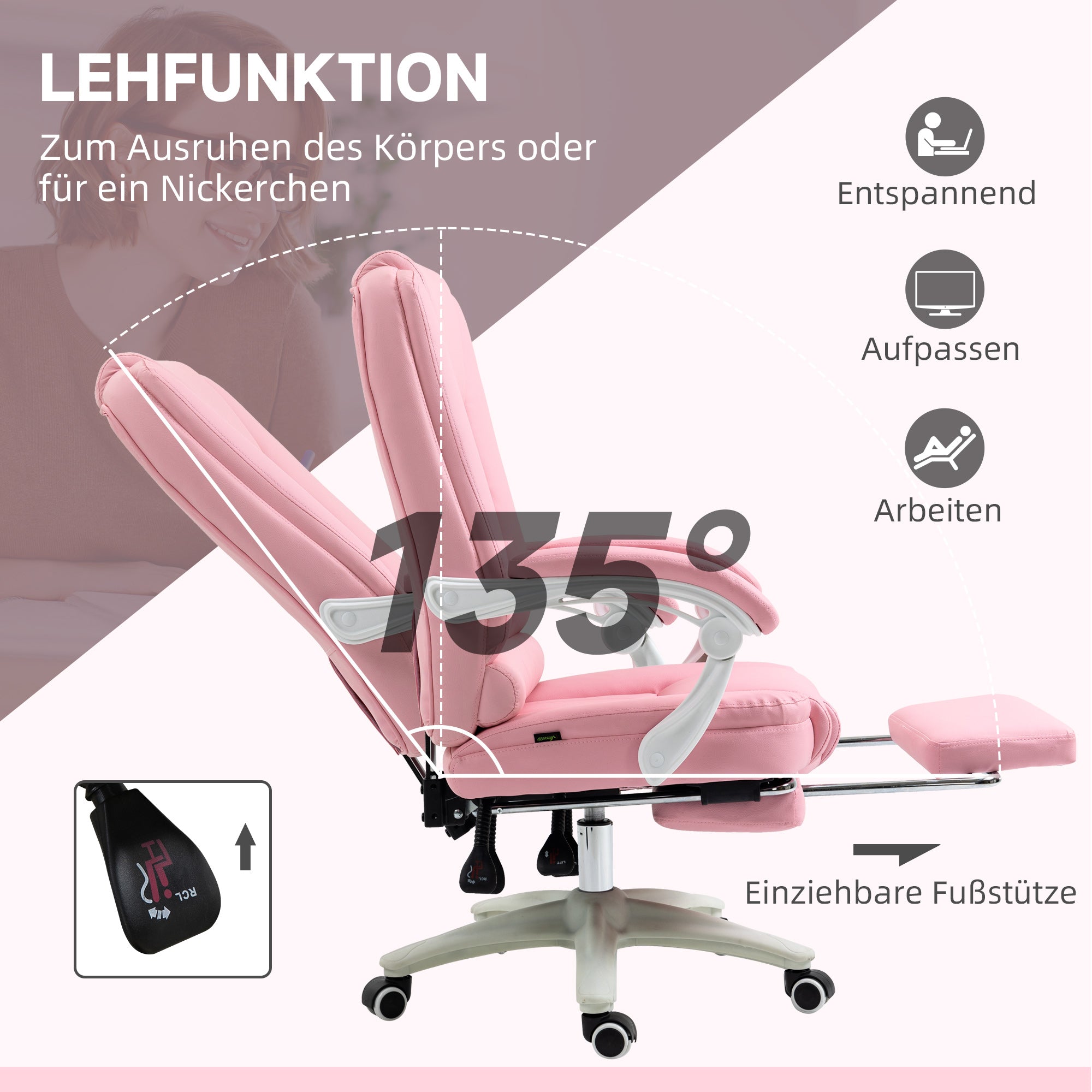 Office Chair Reclining Footrest Casters Adjustable Faux Leather Pink