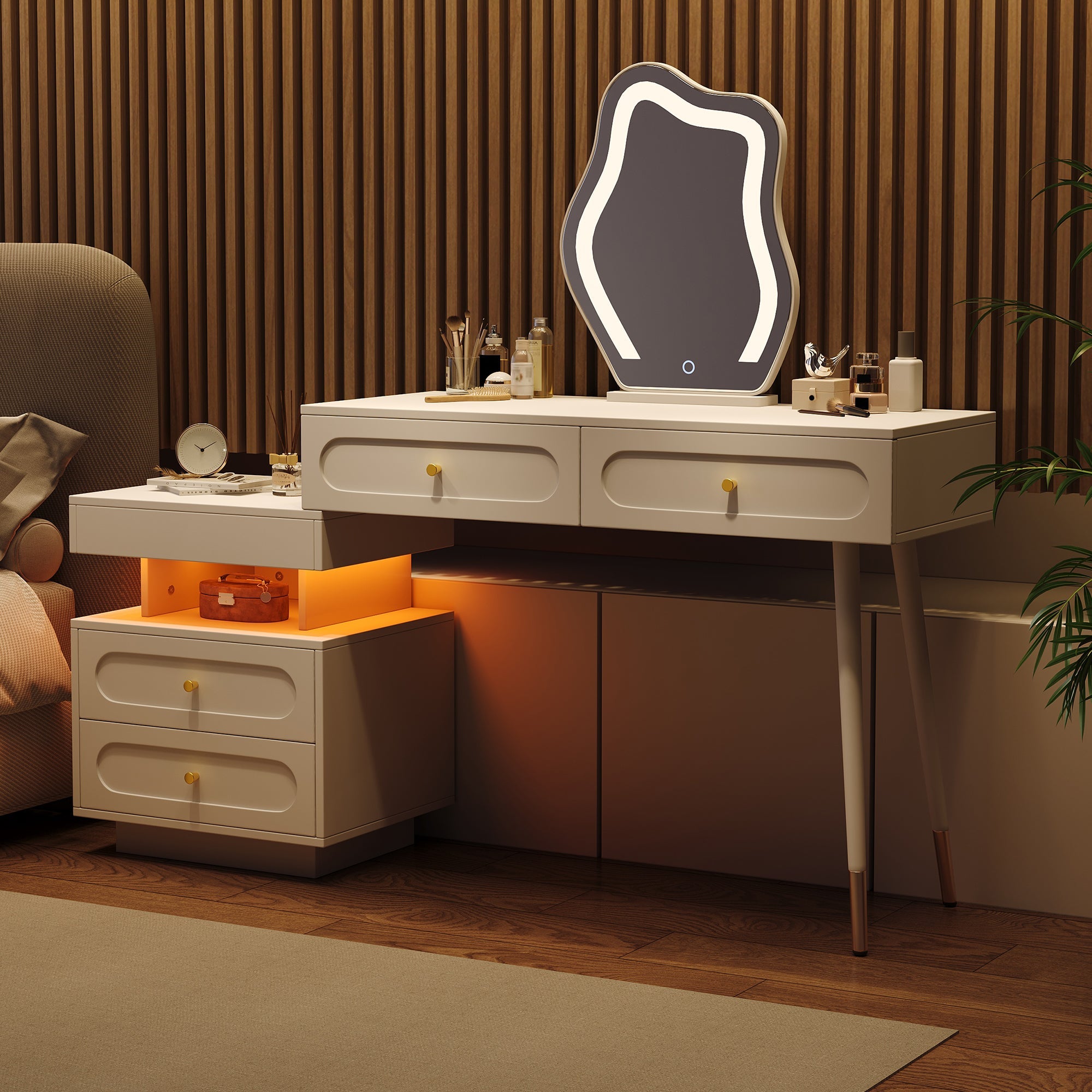 Dressing Table Set LED Mirror 4 Drawers Open Storage White