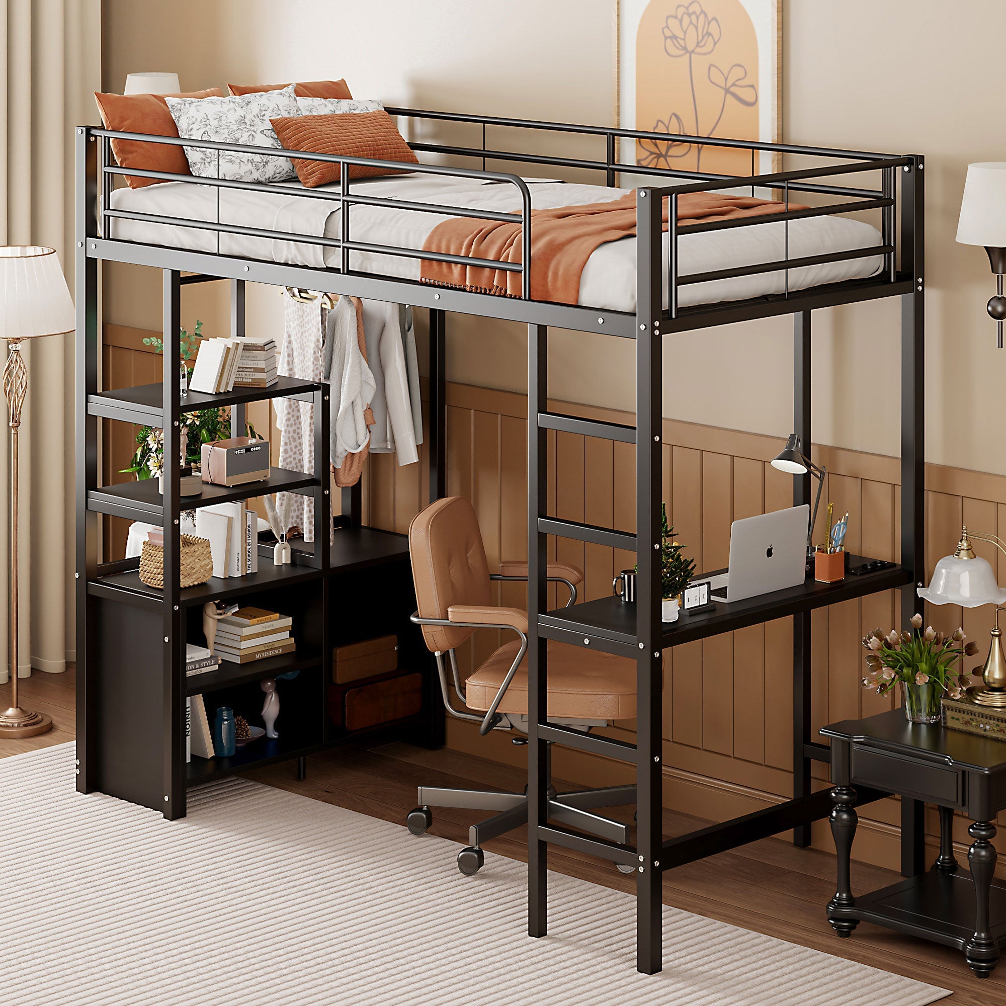 Loft Bed 90x200cm with Desk USB Charging Shelves Storage Ladder Black Iron