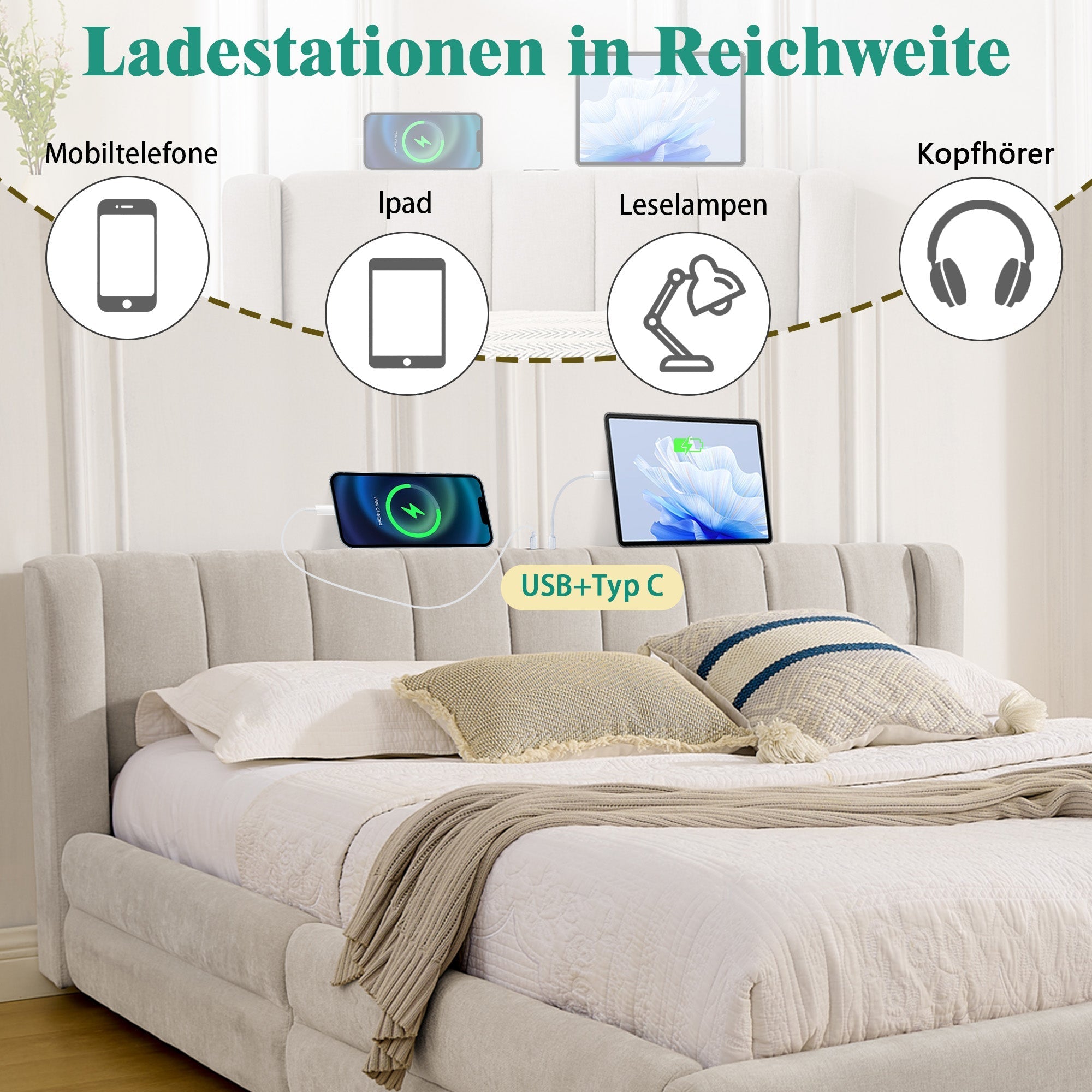 Double Bed 160x200cm Storage USB Charging Port Soft Chenille Beige