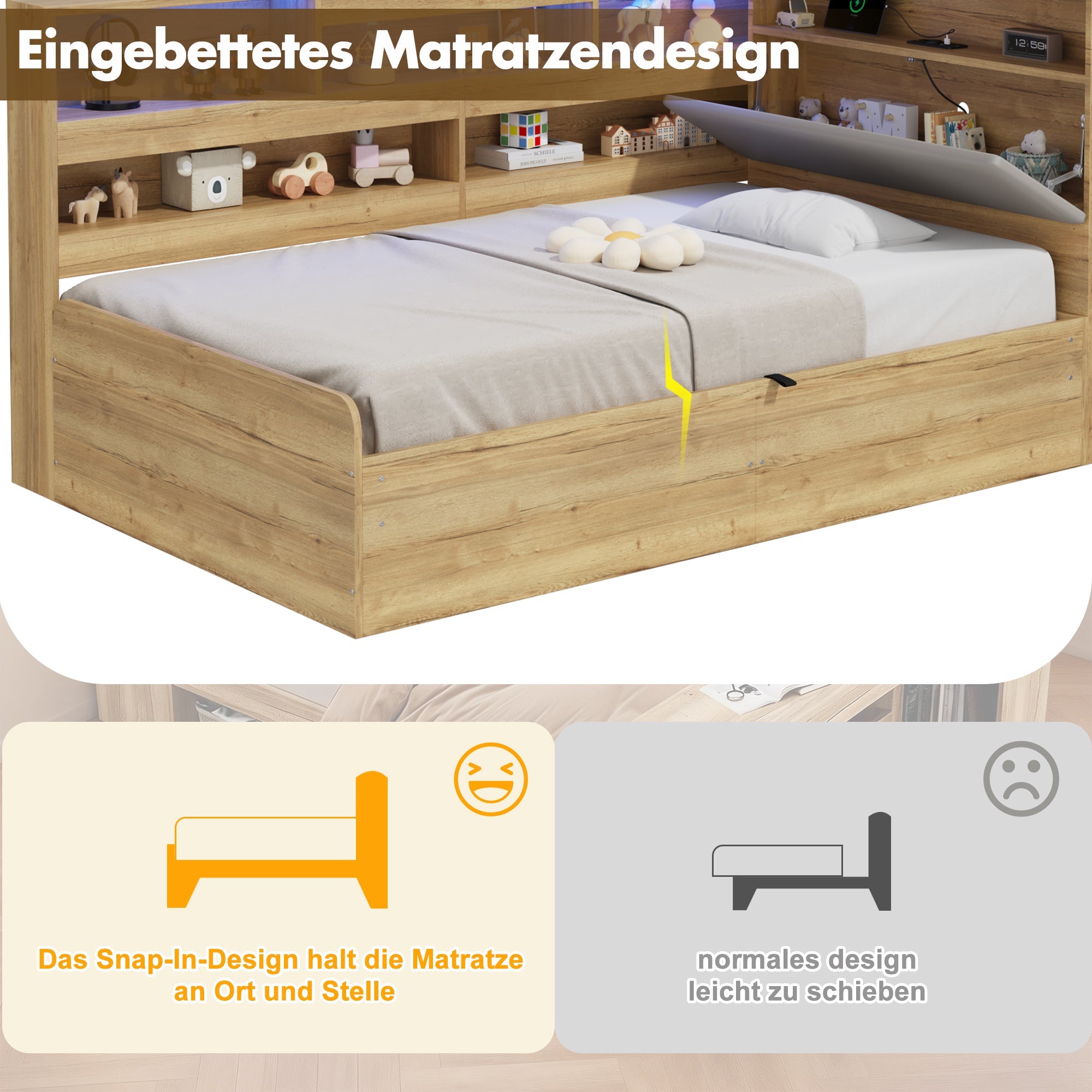 Daybed with Hydraulic Storage, USB Charging and LED Lighting, 90x200cm, Natural Wood