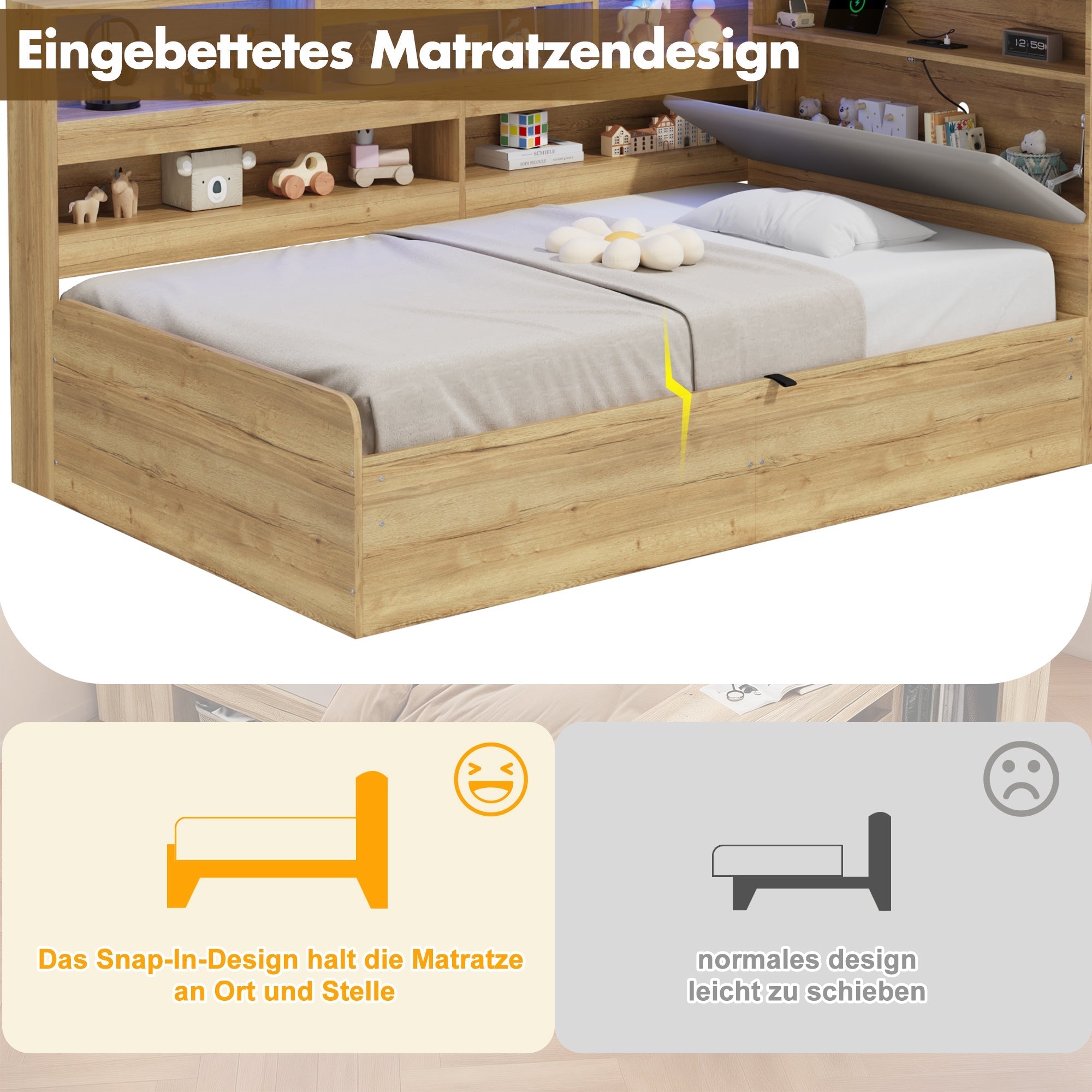 Daybed with Hydraulic Storage, USB Charging and LED Lighting, 90x200cm, Natural Wood