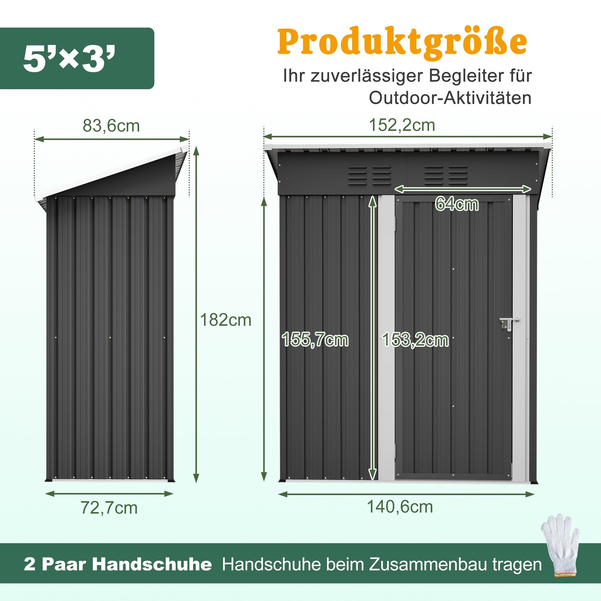 Garden Shed with Flat Roof, 152x84x182 cm, Tool Shed with Lockable Door, Black Metal