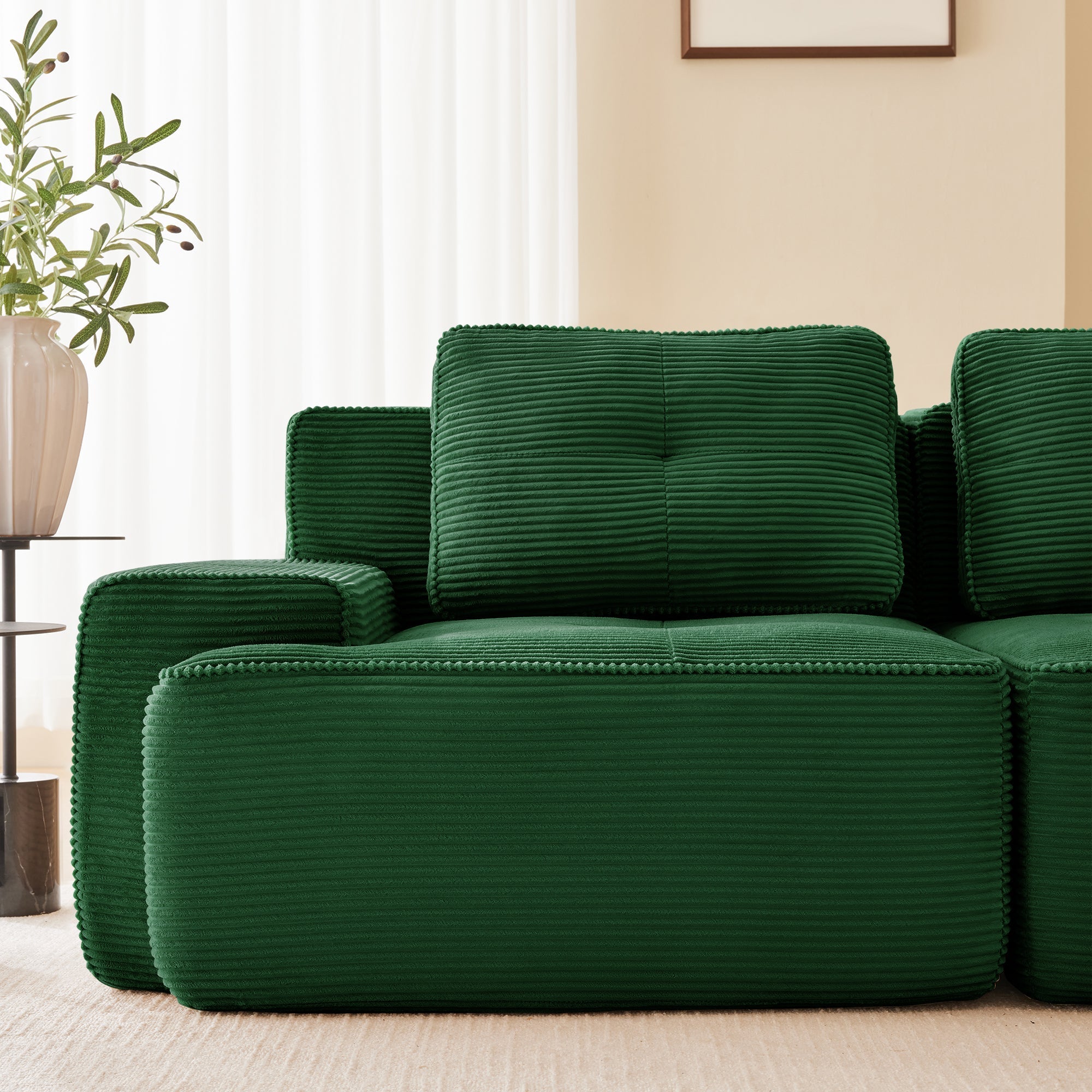 Boneless Sofa Modular L-Shaped Chaise Lounge 4-Seater Deep-Seat - Corduroy Green
